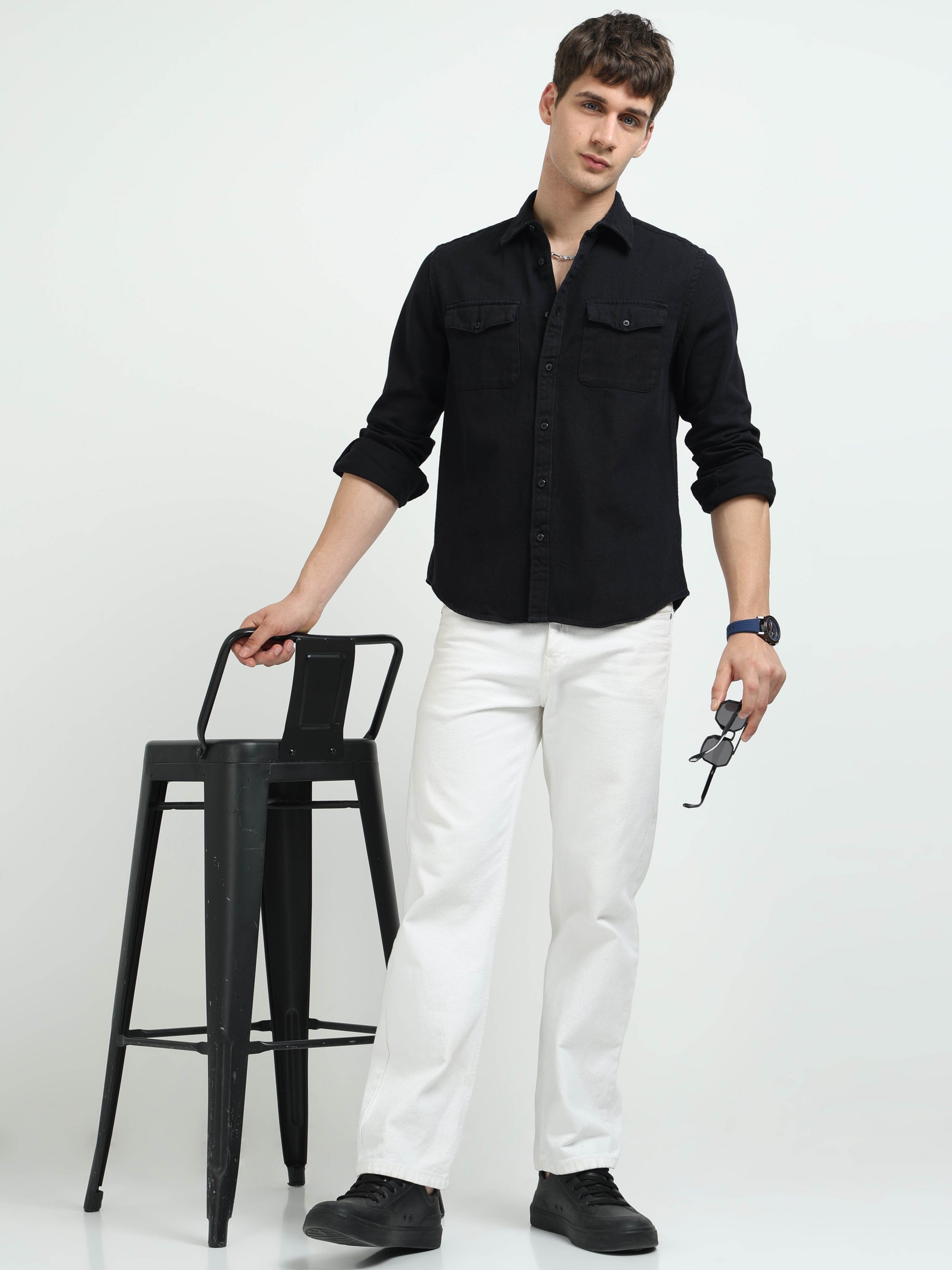 Men Black Denim Cotton Western Shirt