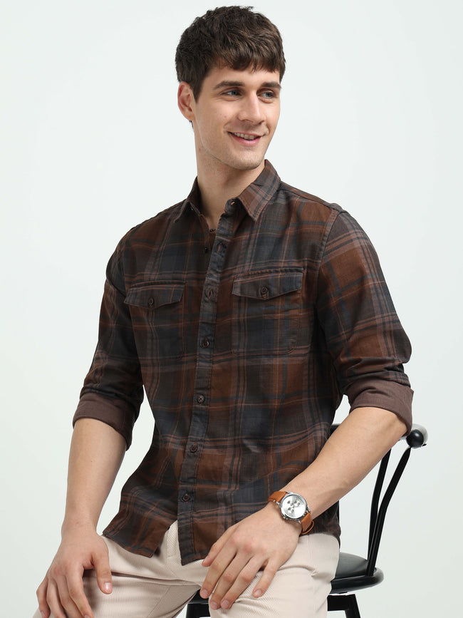 Men Brown Plaid Regular Fit Shirt