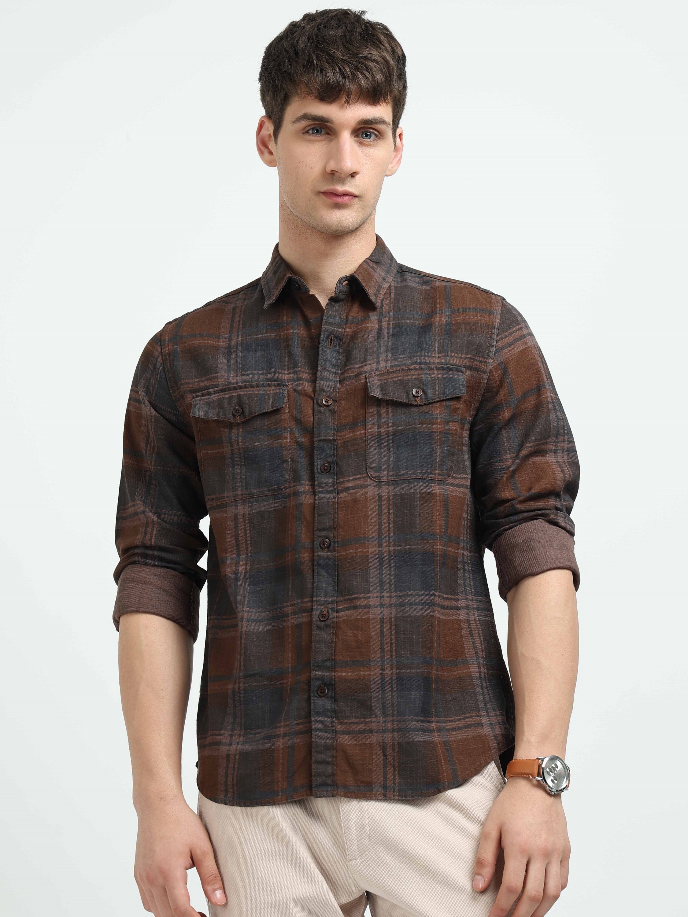 Men Brown Plaid Regular Fit Shirt