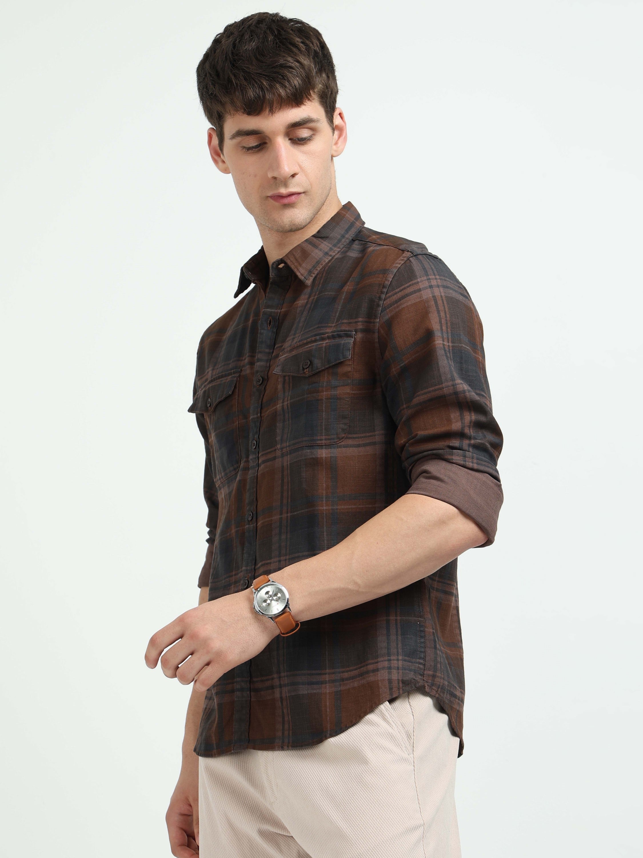 Men Brown Plaid Regular Fit Shirt