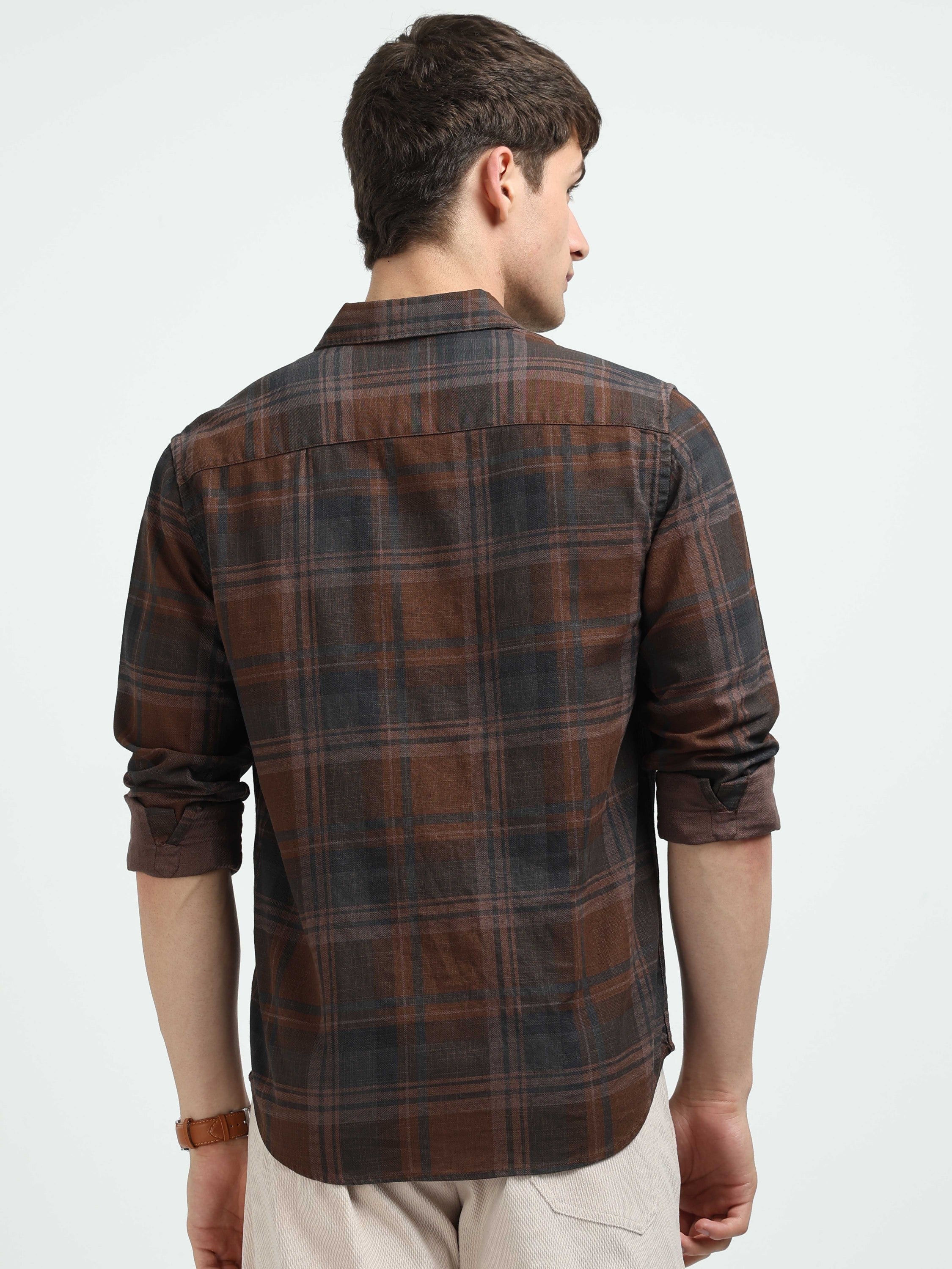 Men Brown Plaid Regular Fit Shirt