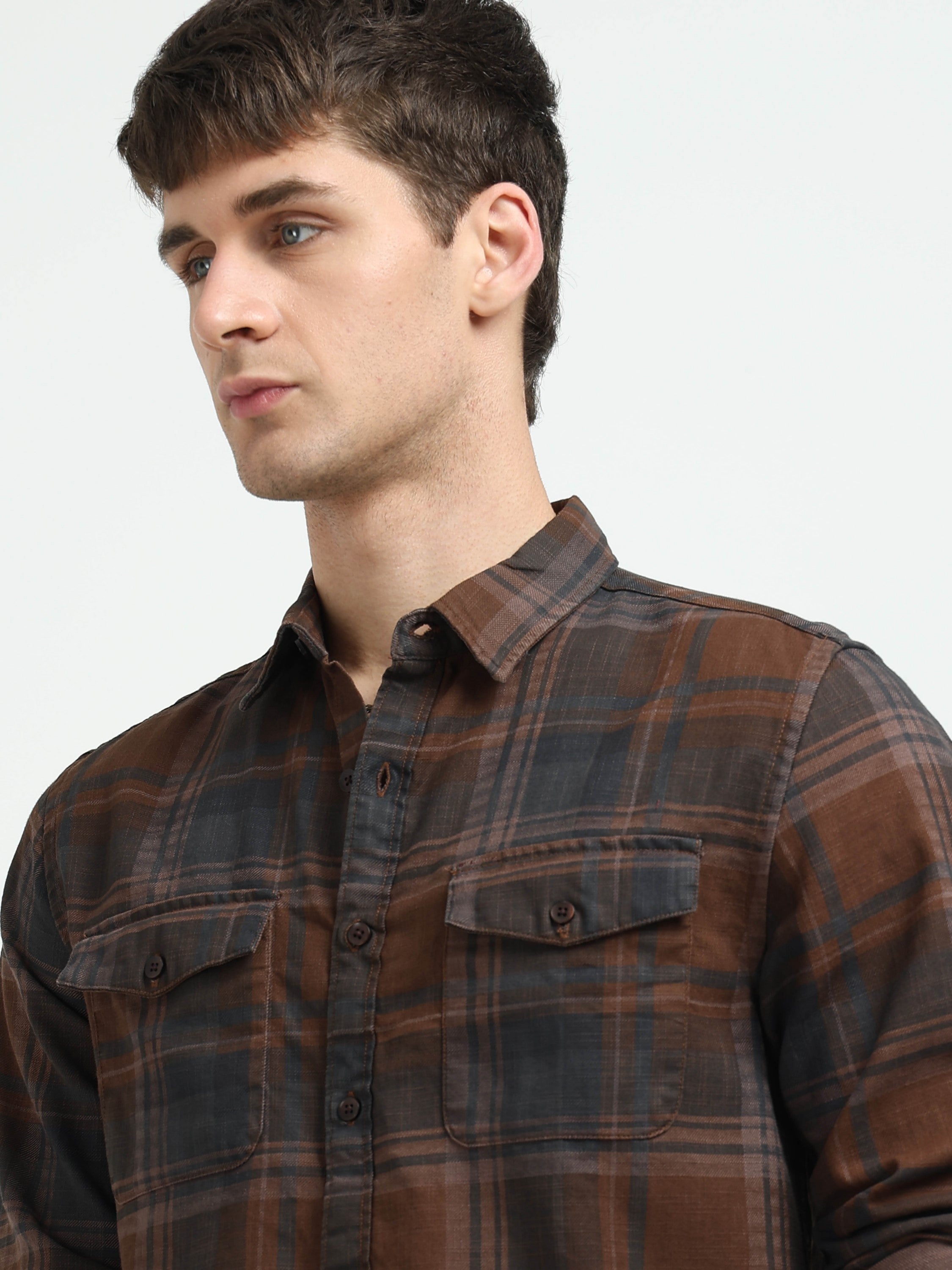 Men Brown Plaid Regular Fit Shirt