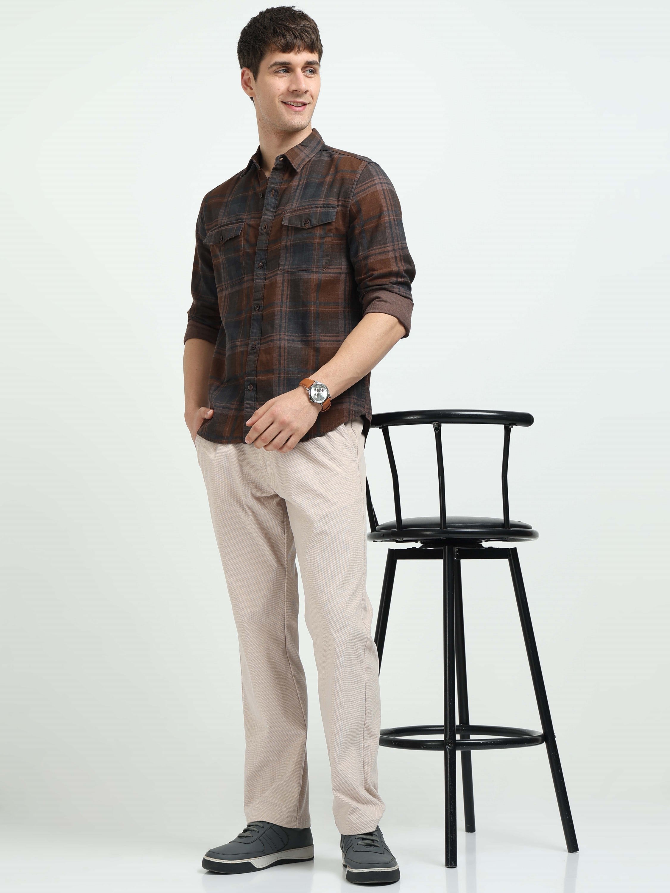 Men Brown Plaid Regular Fit Shirt