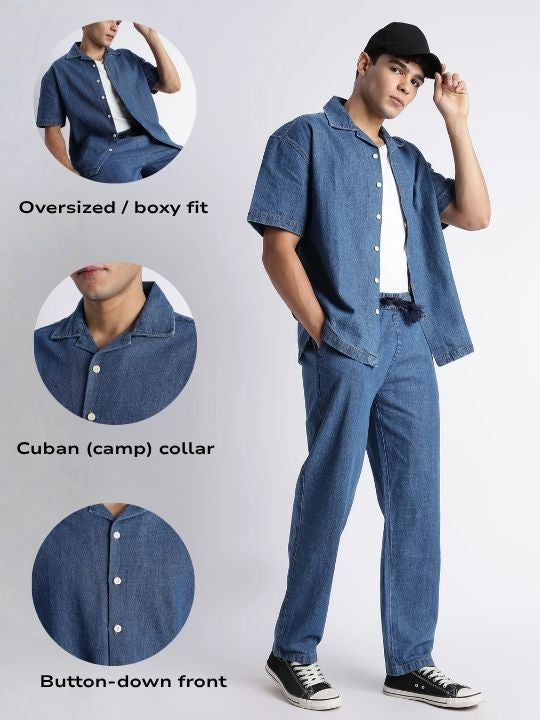 Men Mid Blue Denim Cuban Collar Shirt