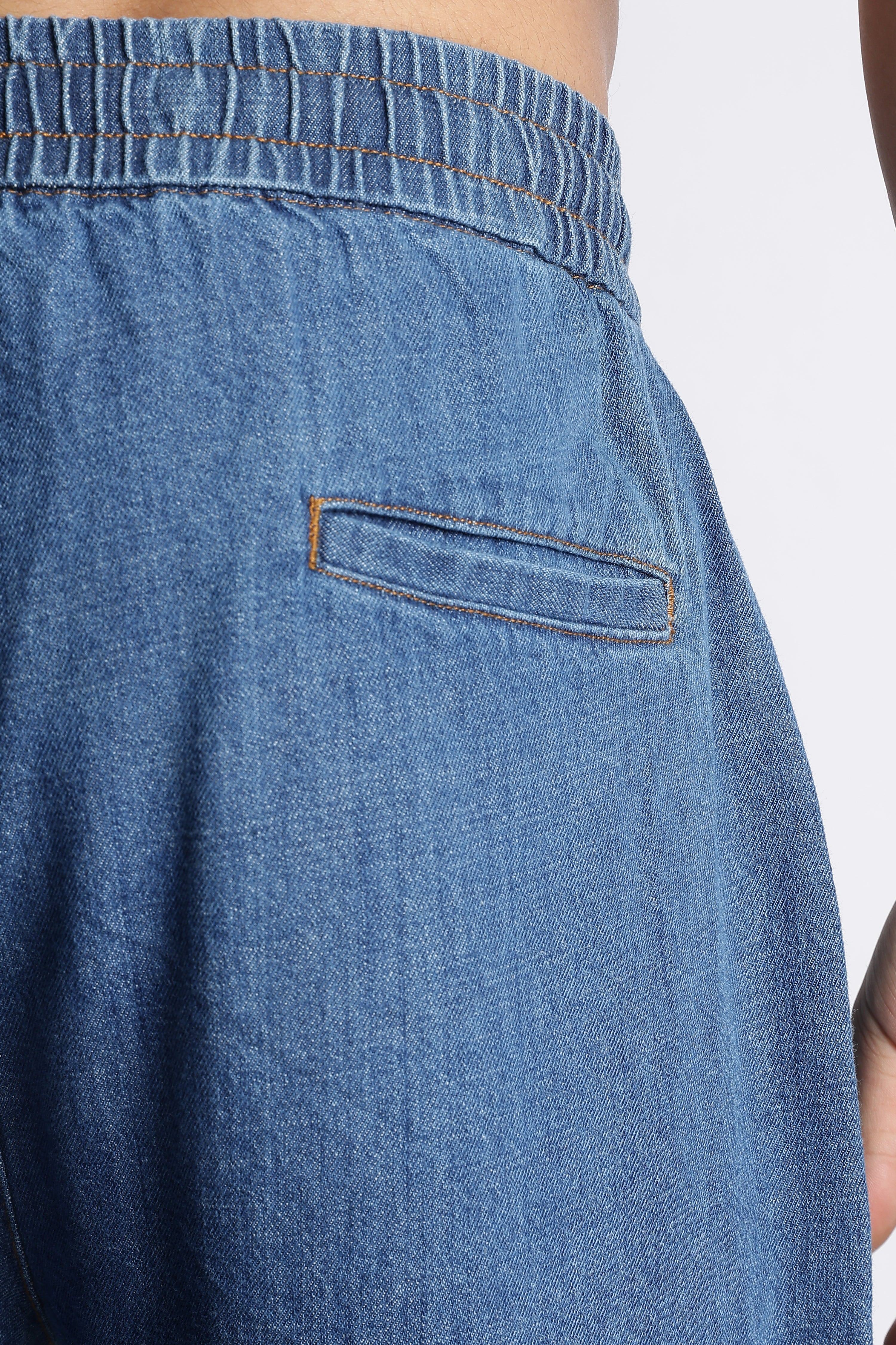 Men Mid Blue Drawstring Denim Pant