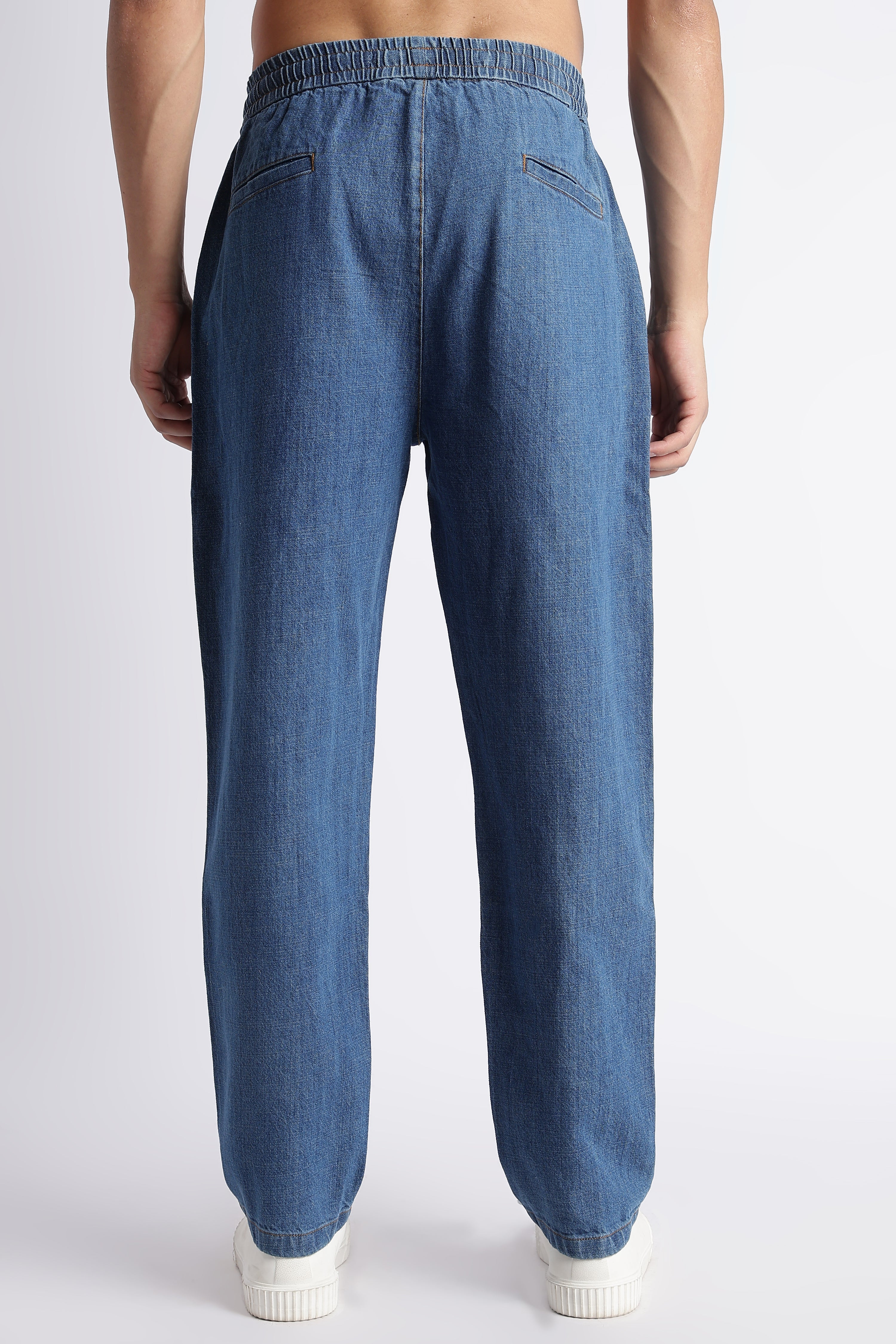 Men Mid Blue Drawstring Denim Pant