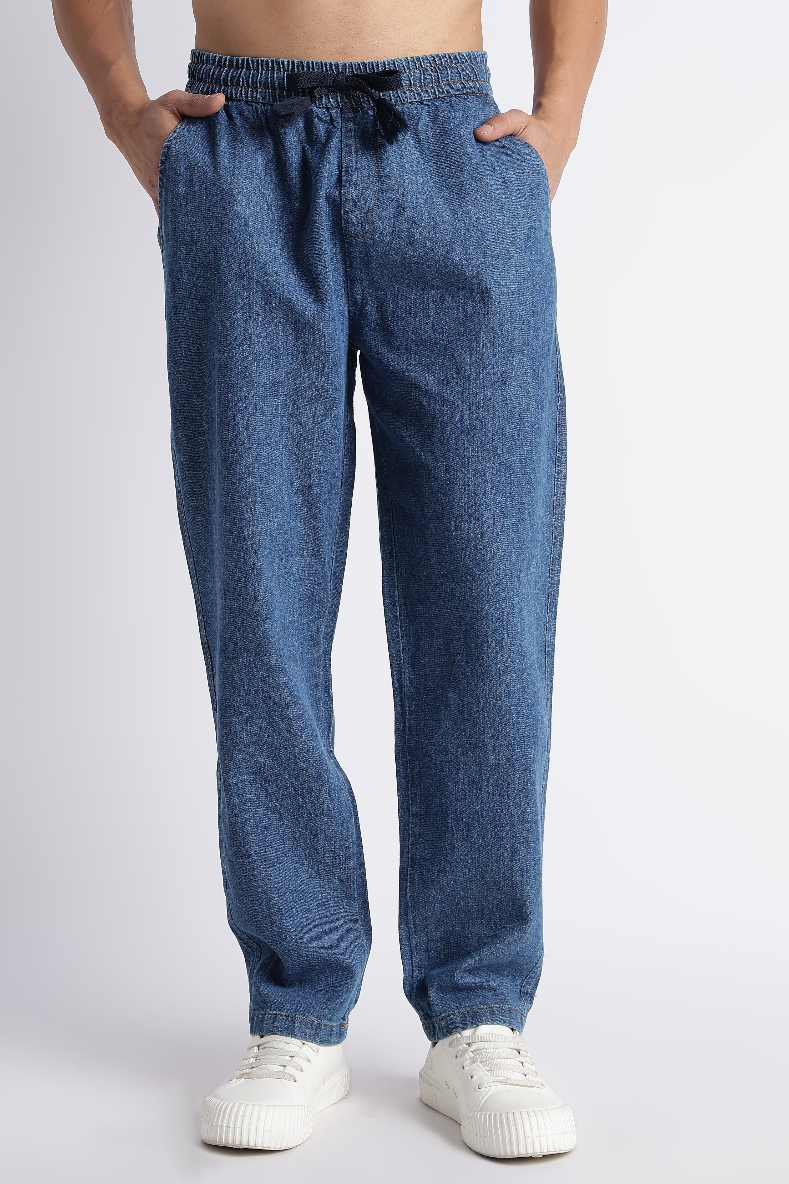 Men Mid Blue Drawstring Denim Pant