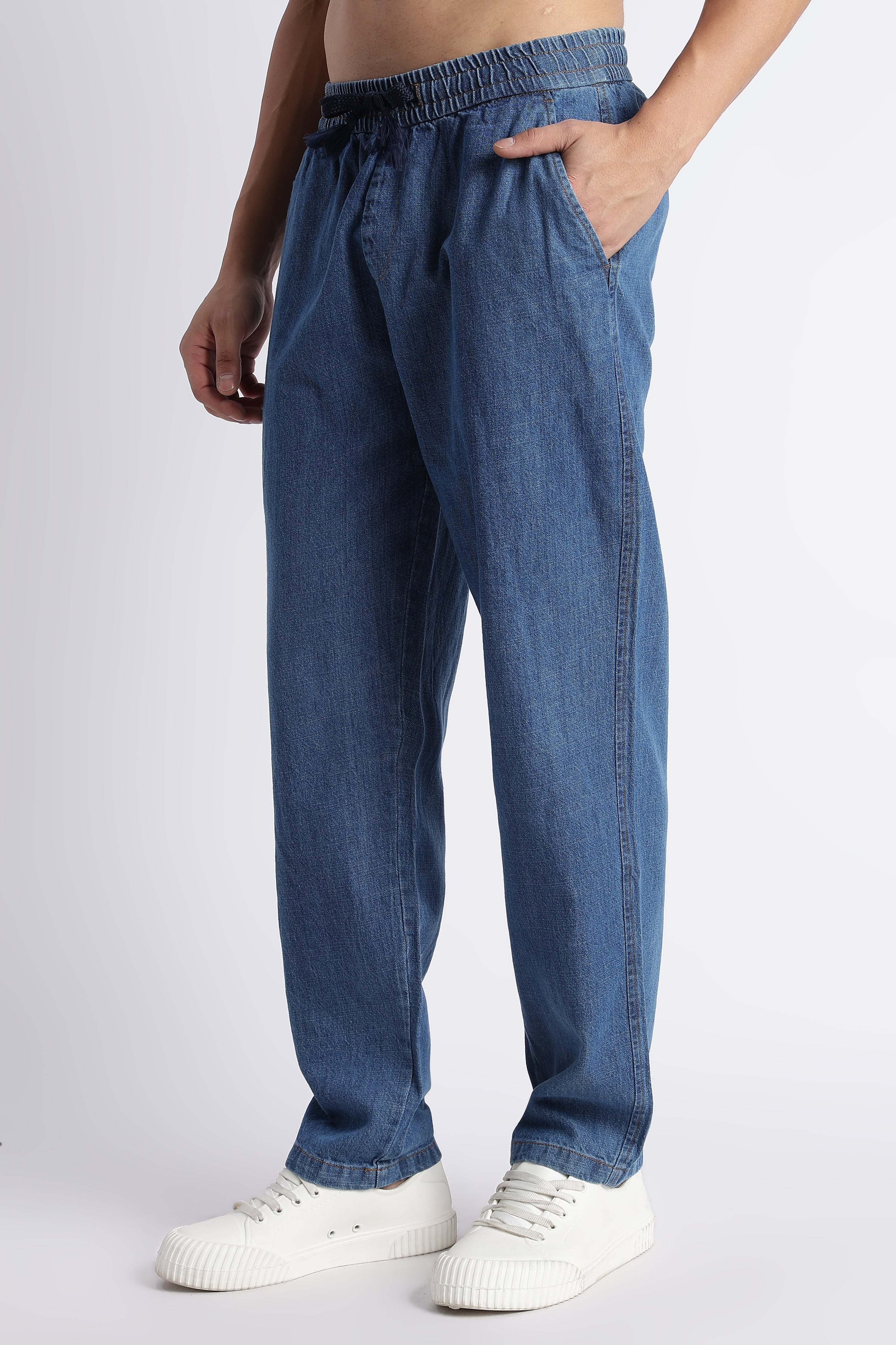 Men Mid Blue Drawstring Denim Pant