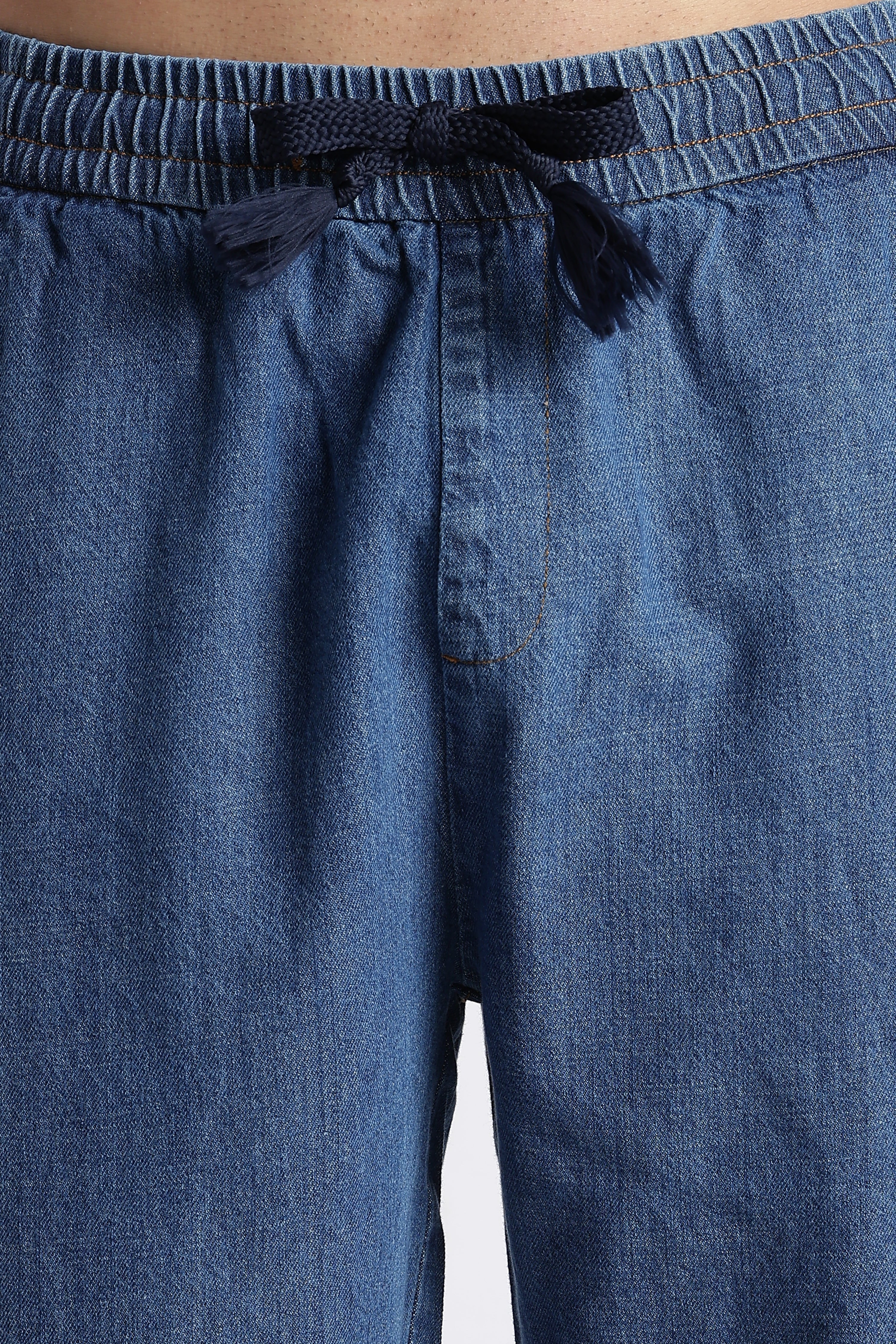 Men Mid Blue Drawstring Denim Pant