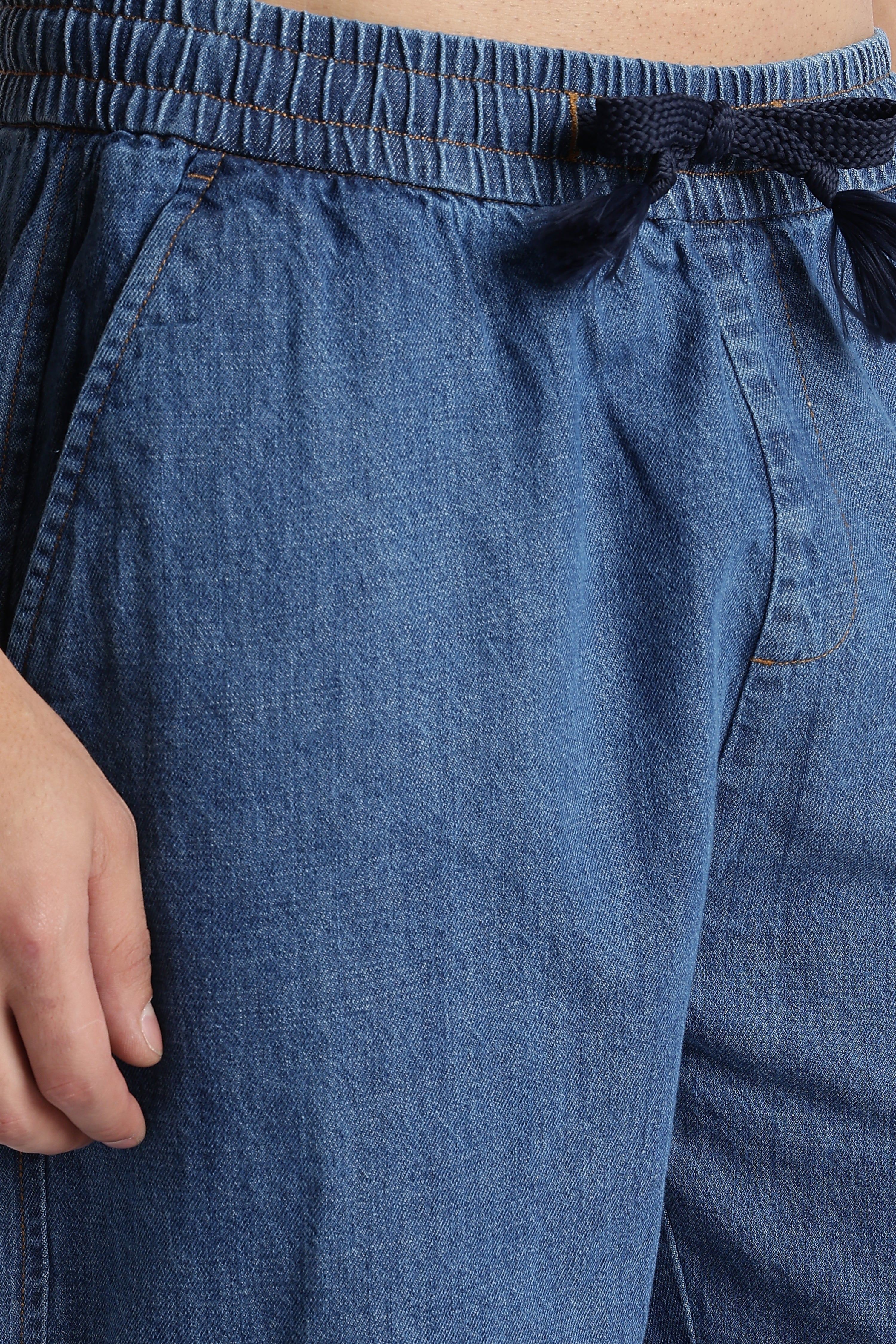 Men Mid Blue Drawstring Denim Pant