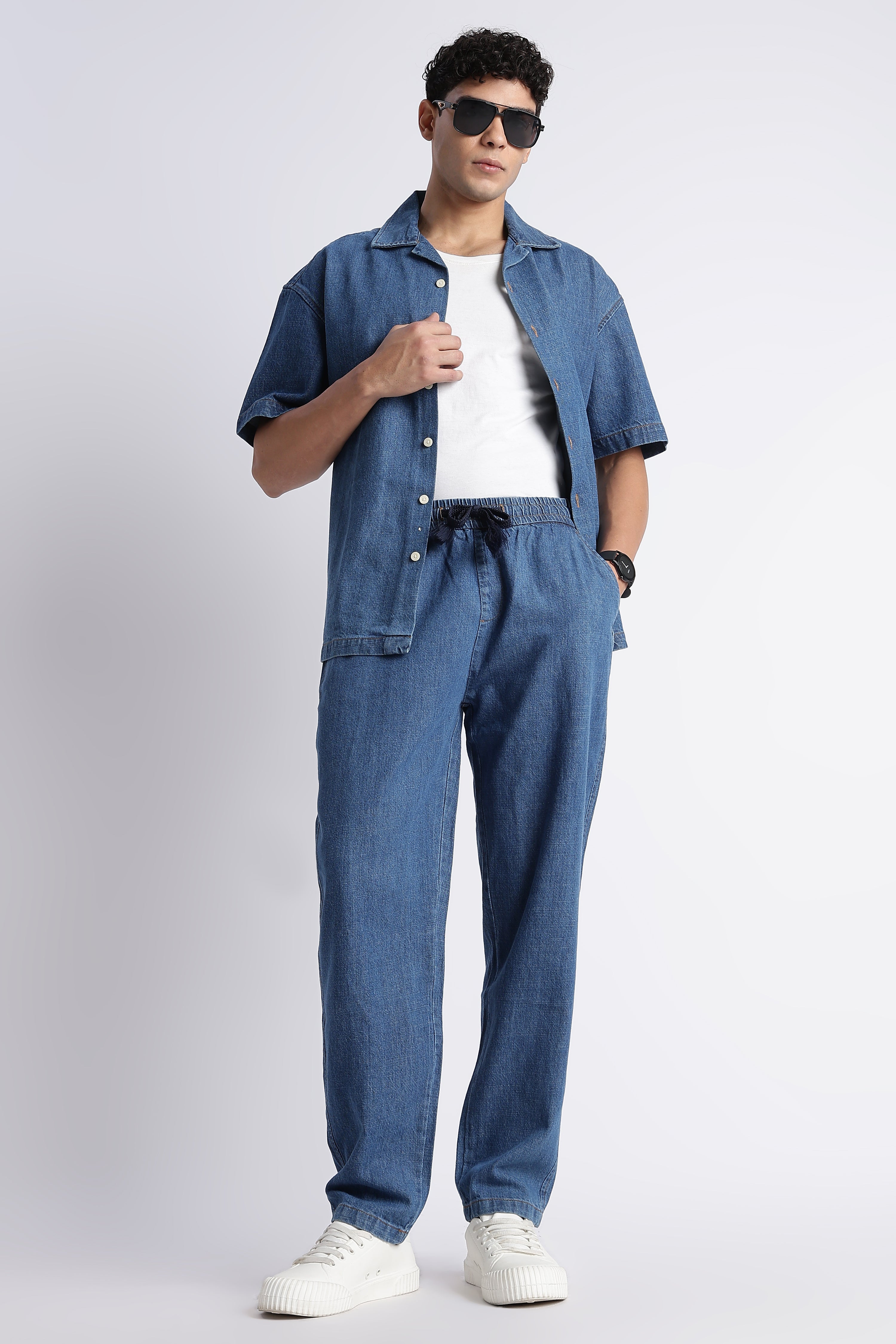 Men Mid Blue Drawstring Denim Pant