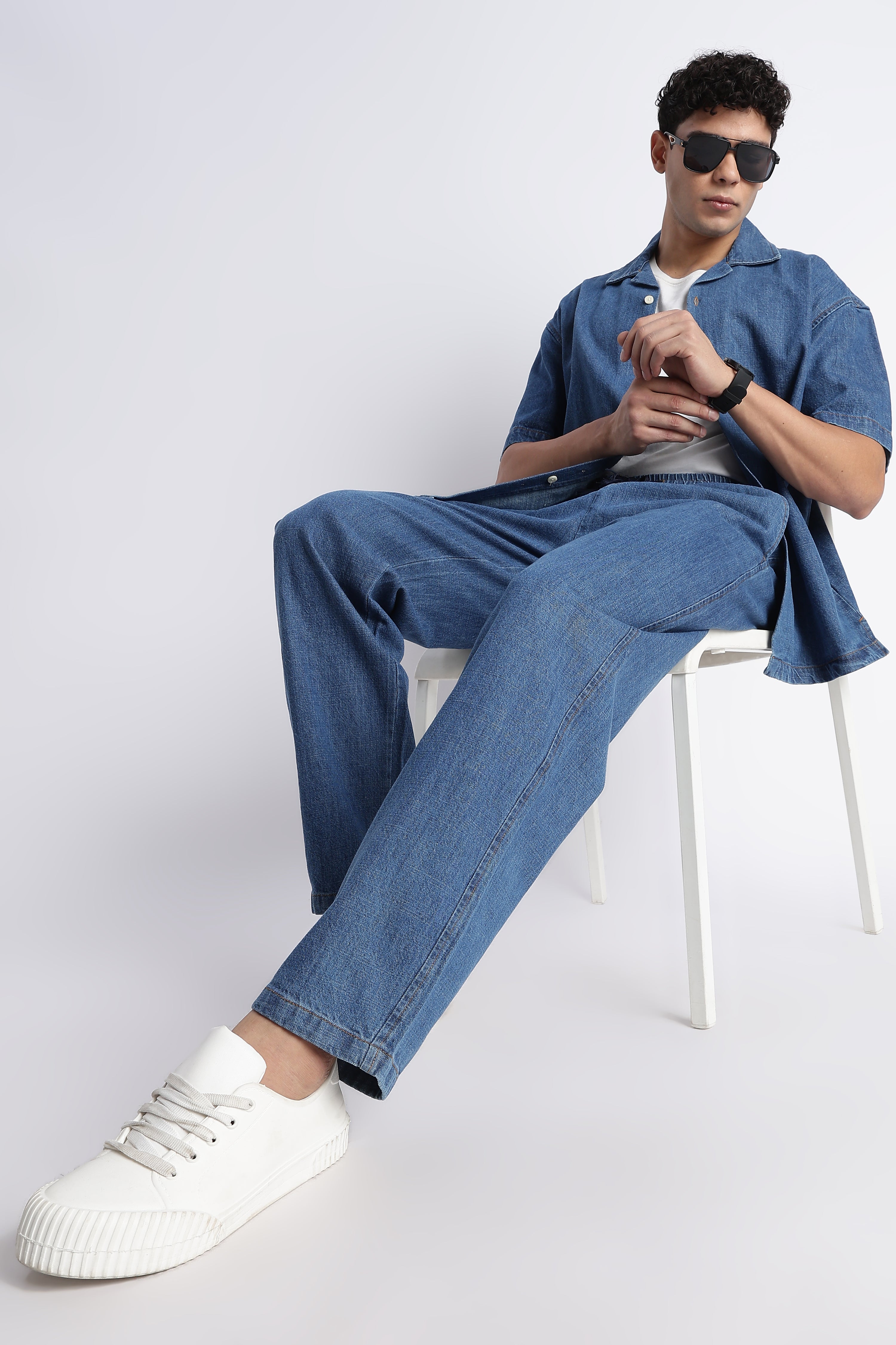 Men Mid Blue Drawstring Denim Pant
