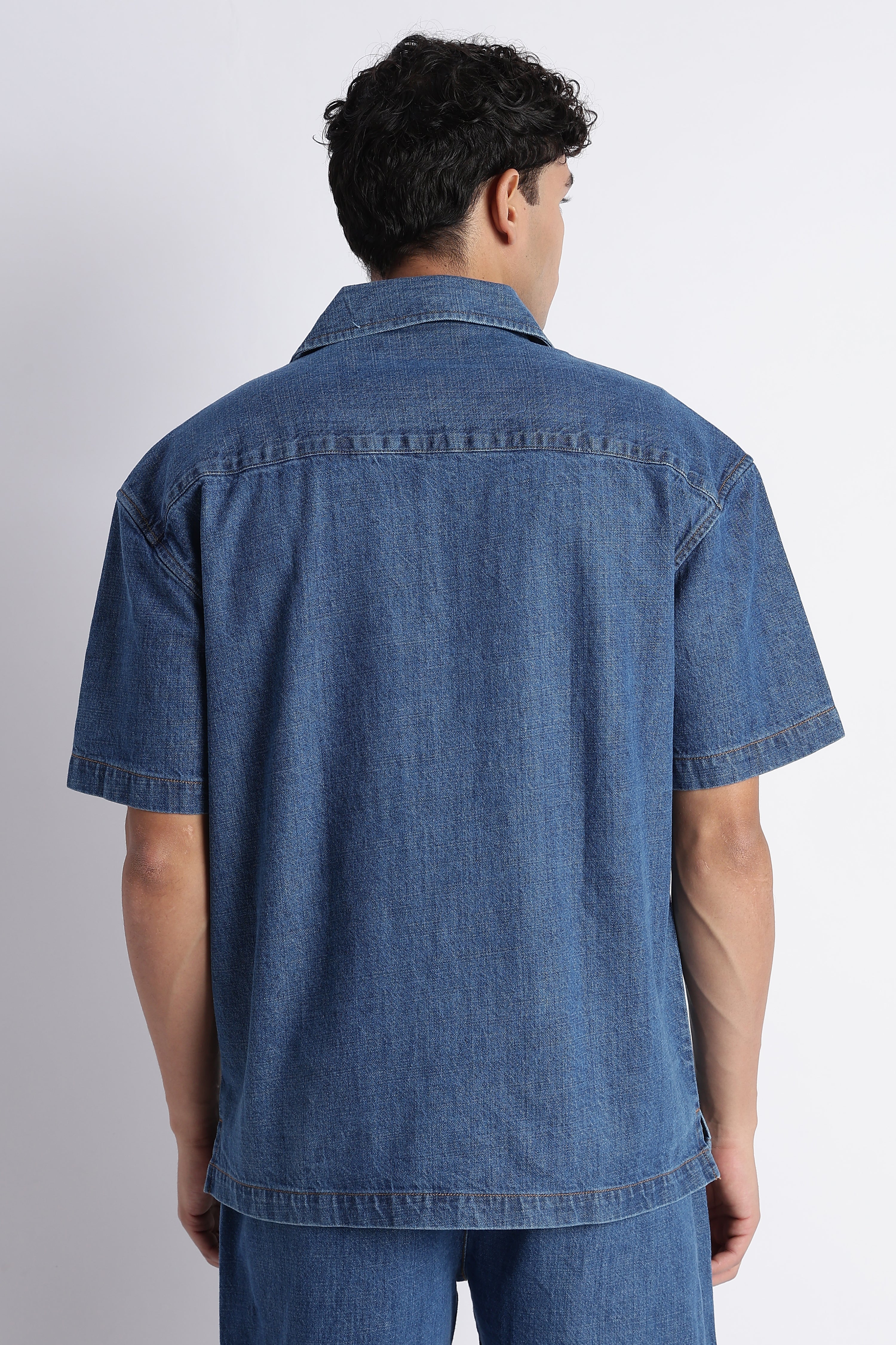 Men Mid Blue Denim Cuban Collar Shirt