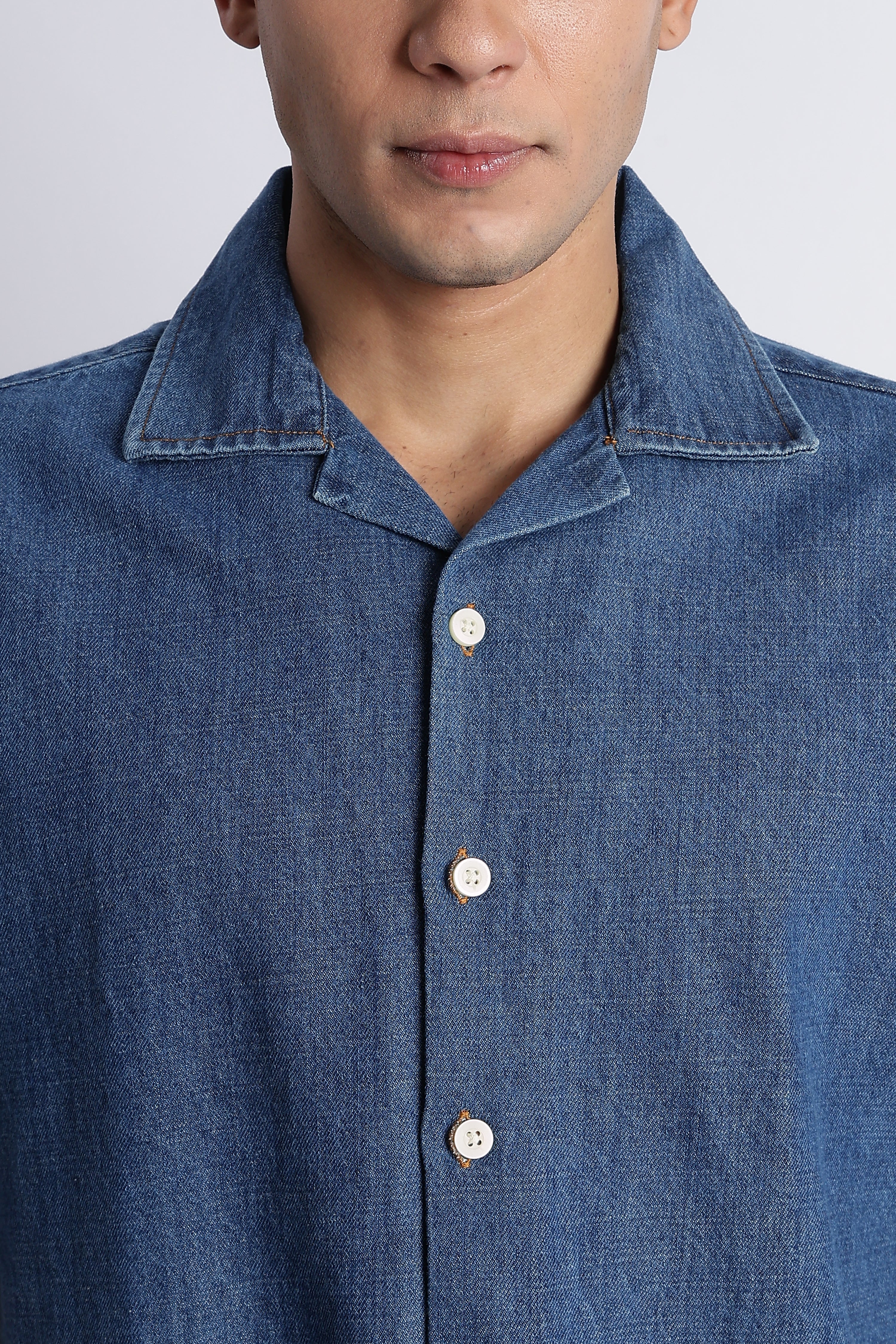 Men Mid Blue Denim Cuban Collar Shirt