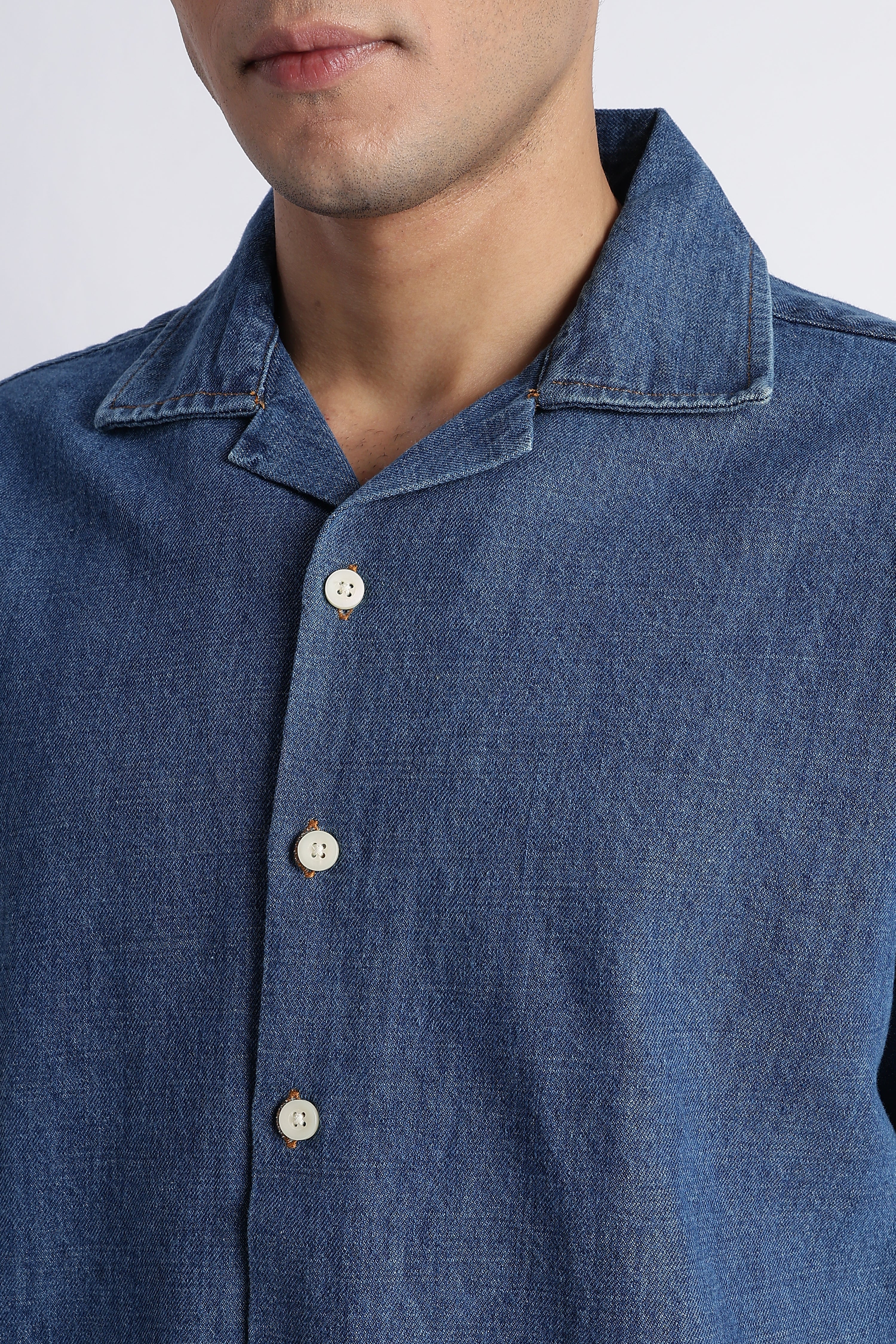Men Mid Blue Denim Cuban Collar Shirt