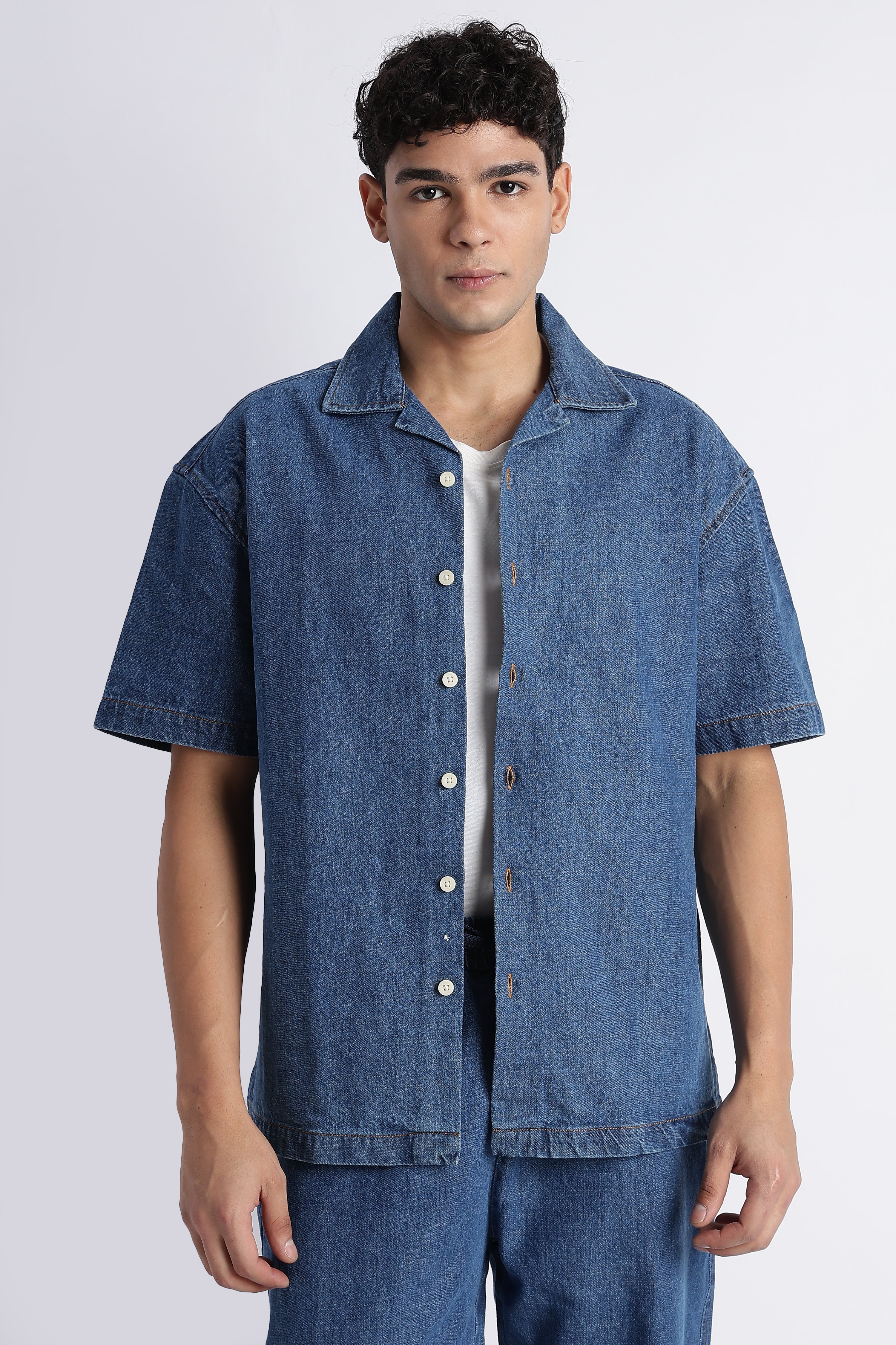 Men Mid Blue Denim Cuban Collar Shirt