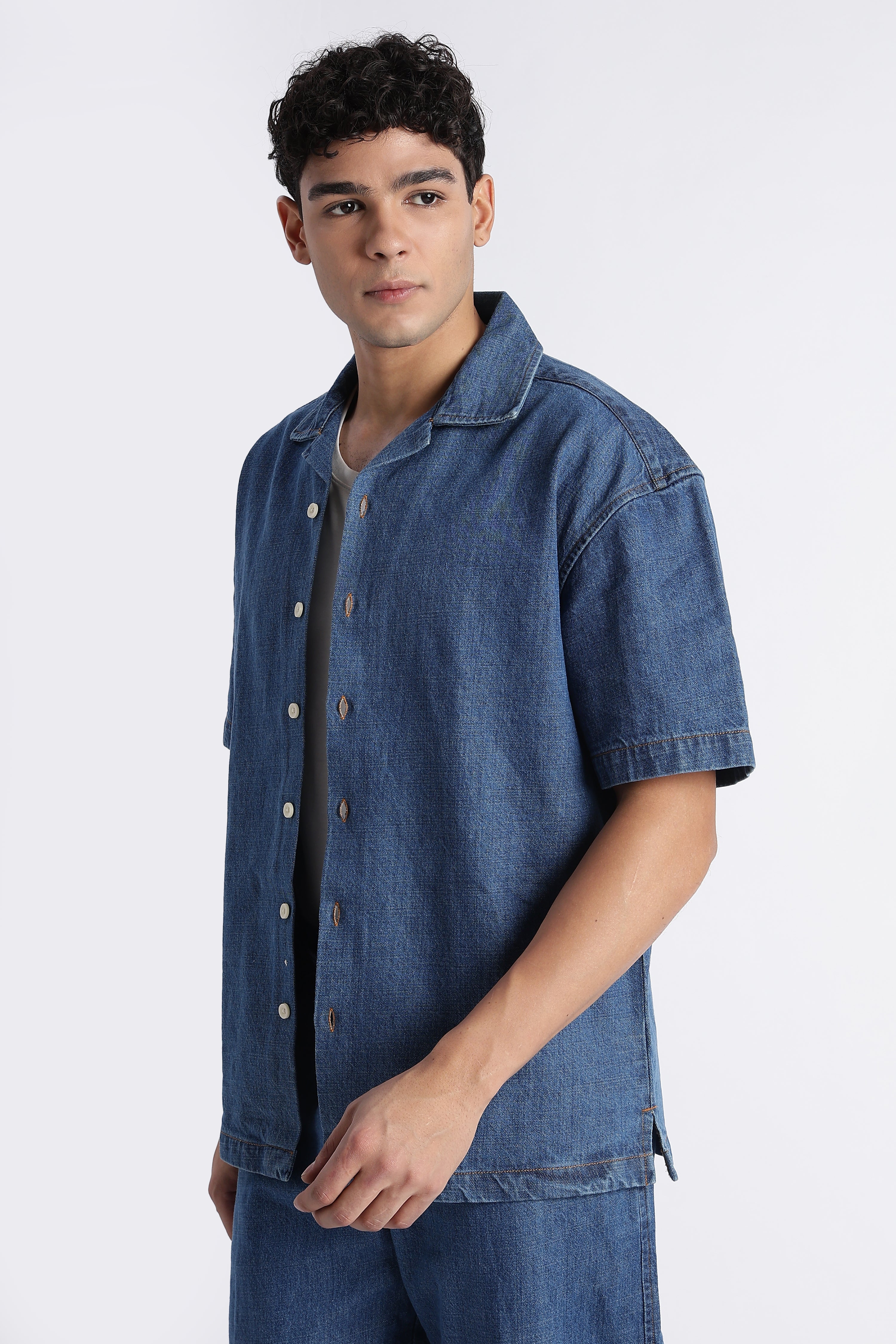 Men Mid Blue Denim Cuban Collar Shirt