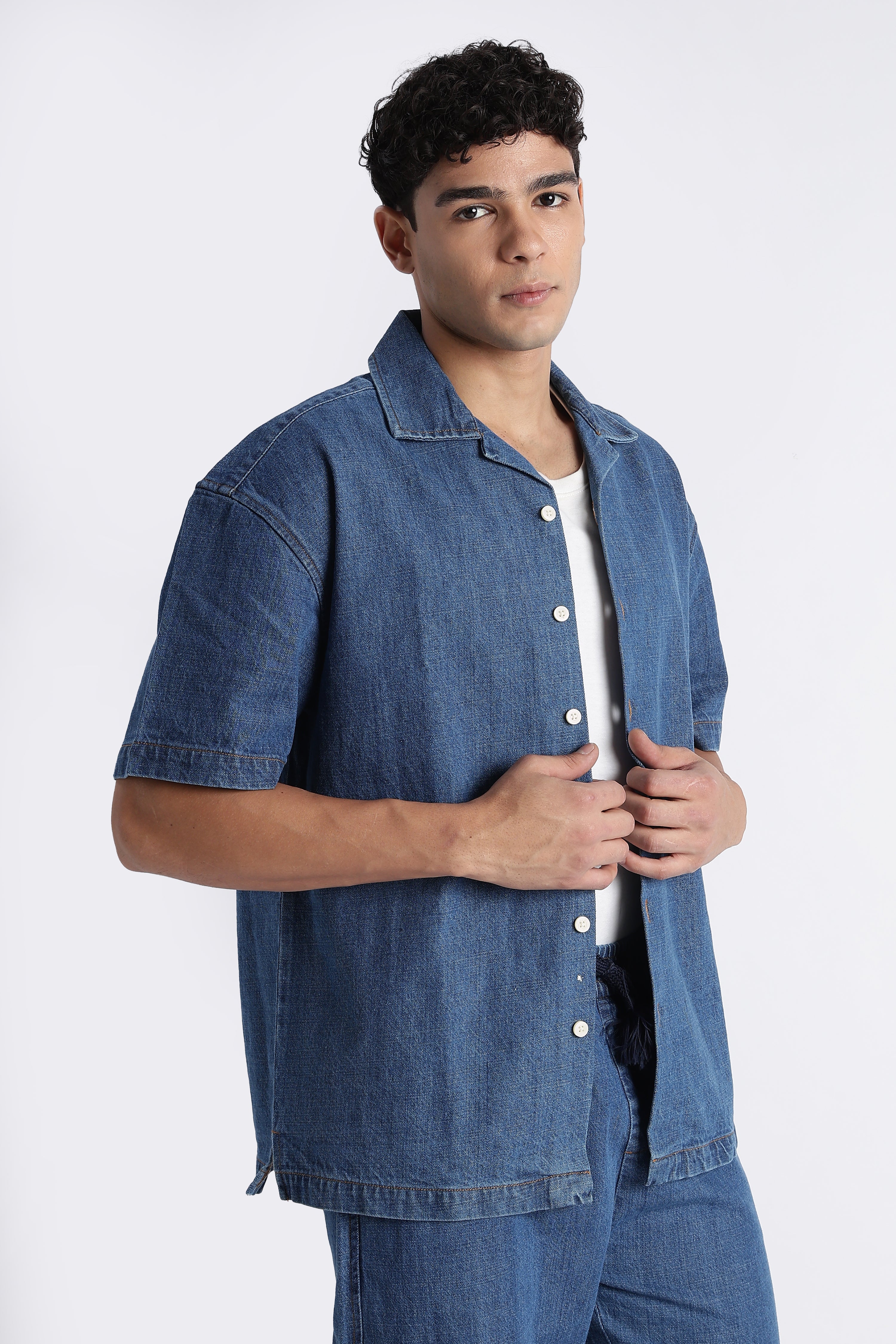 Men Mid Blue Denim Cuban Collar Shirt