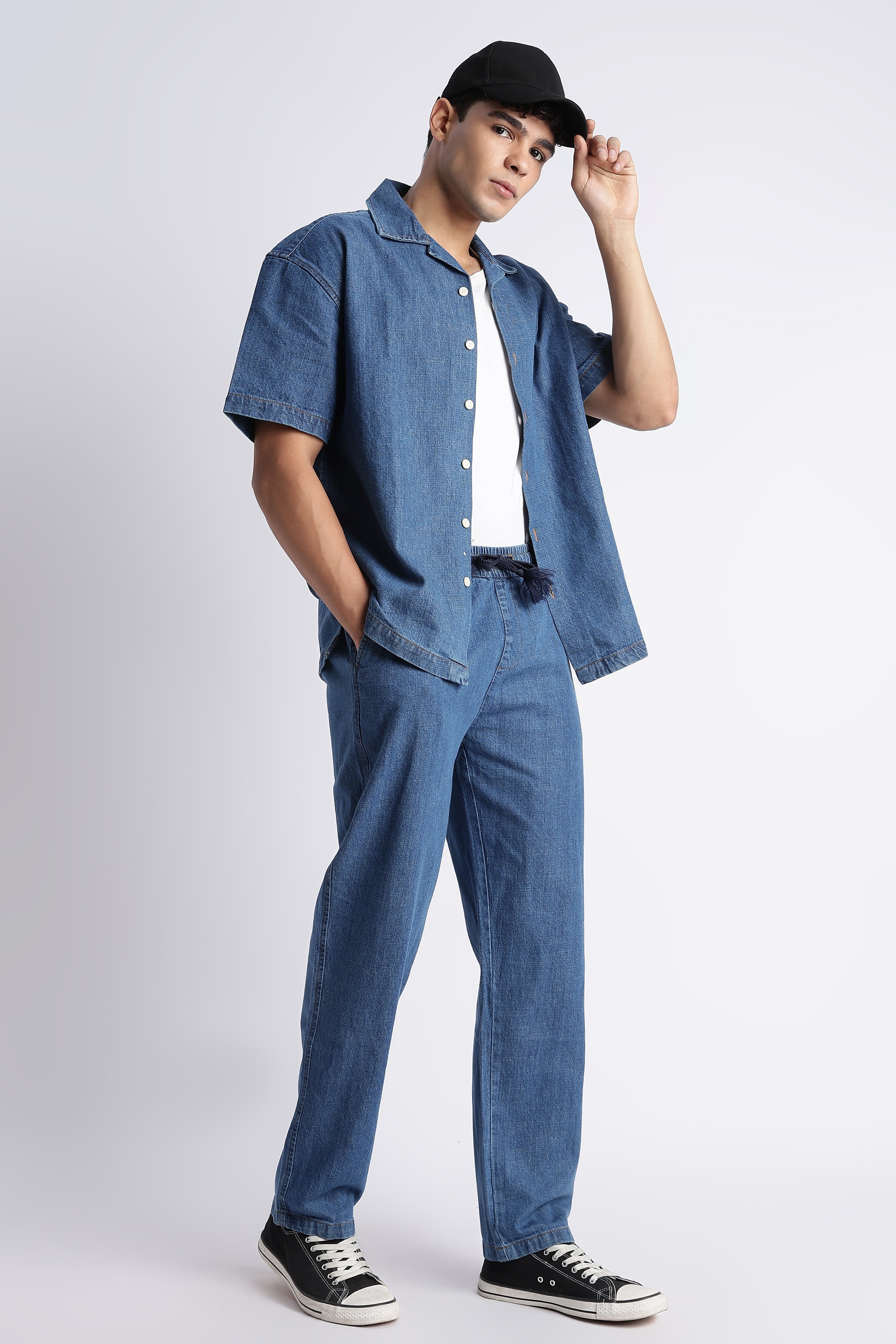 Men Mid Blue Denim Cuban Collar Shirt