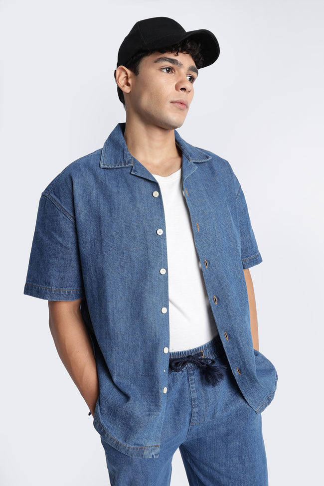 Men Mid Blue Denim Cuban Collar Shirt