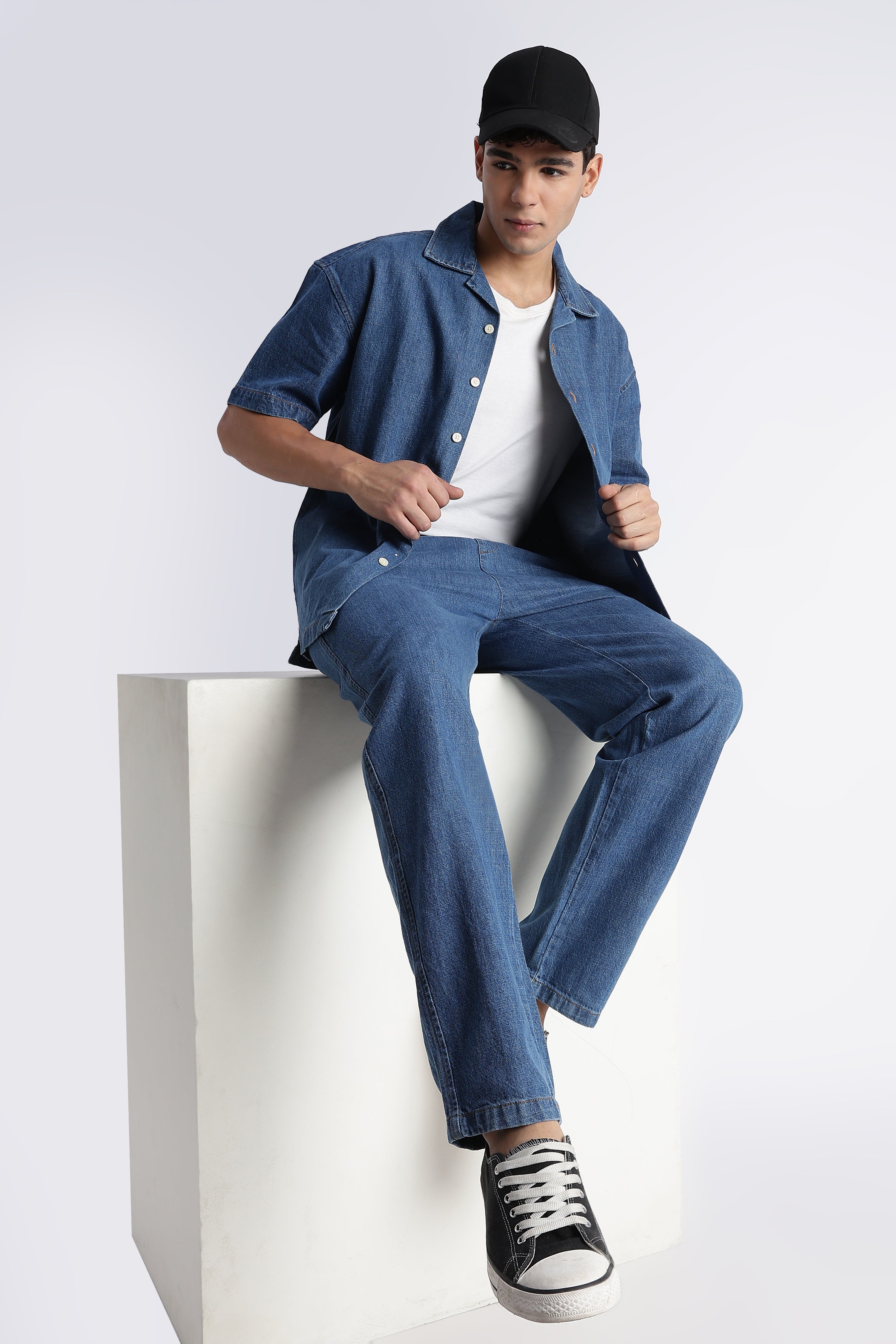Men Mid Blue Denim Cuban Collar Shirt