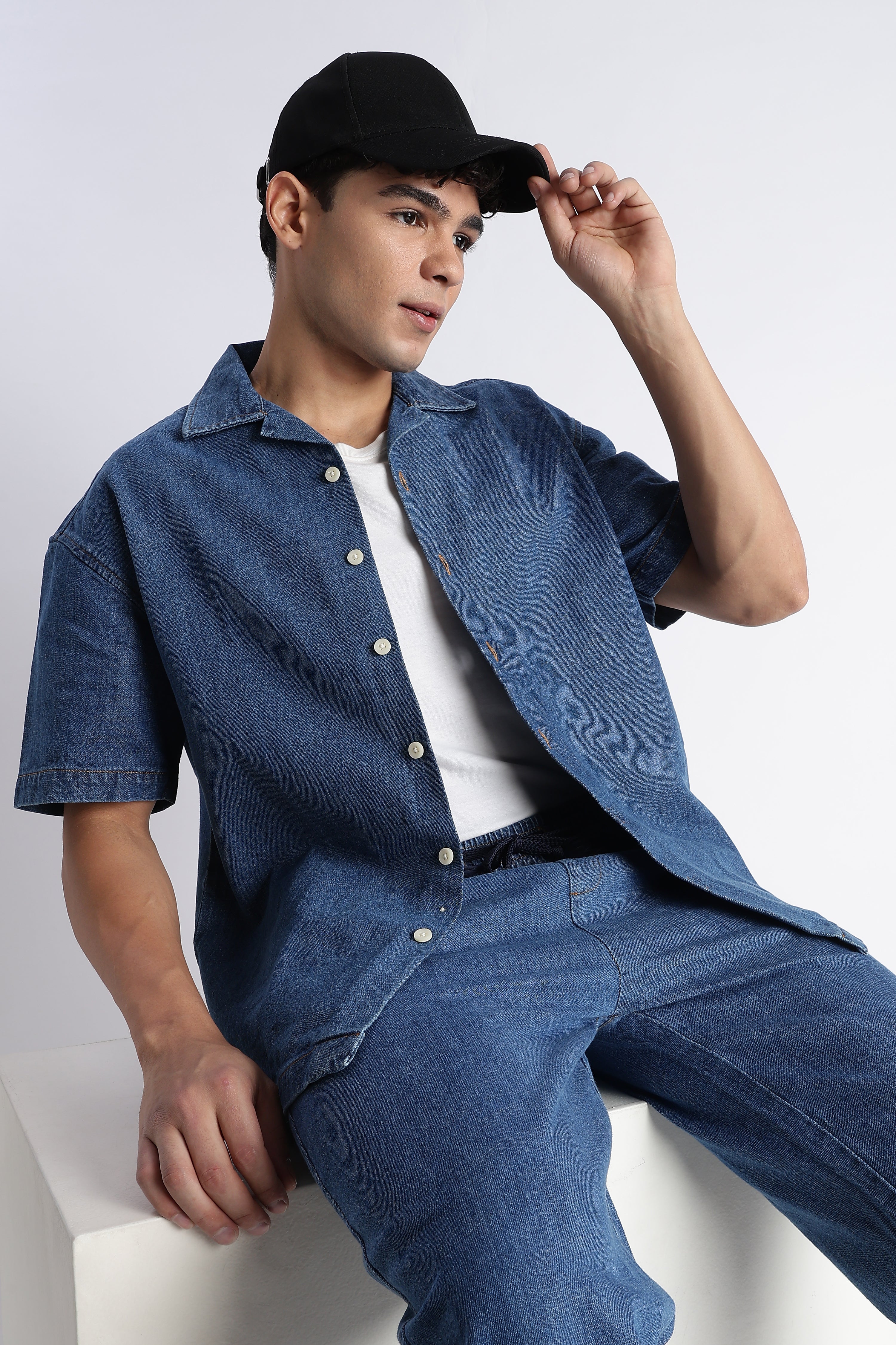 Men Mid Blue Denim Cuban Collar Shirt
