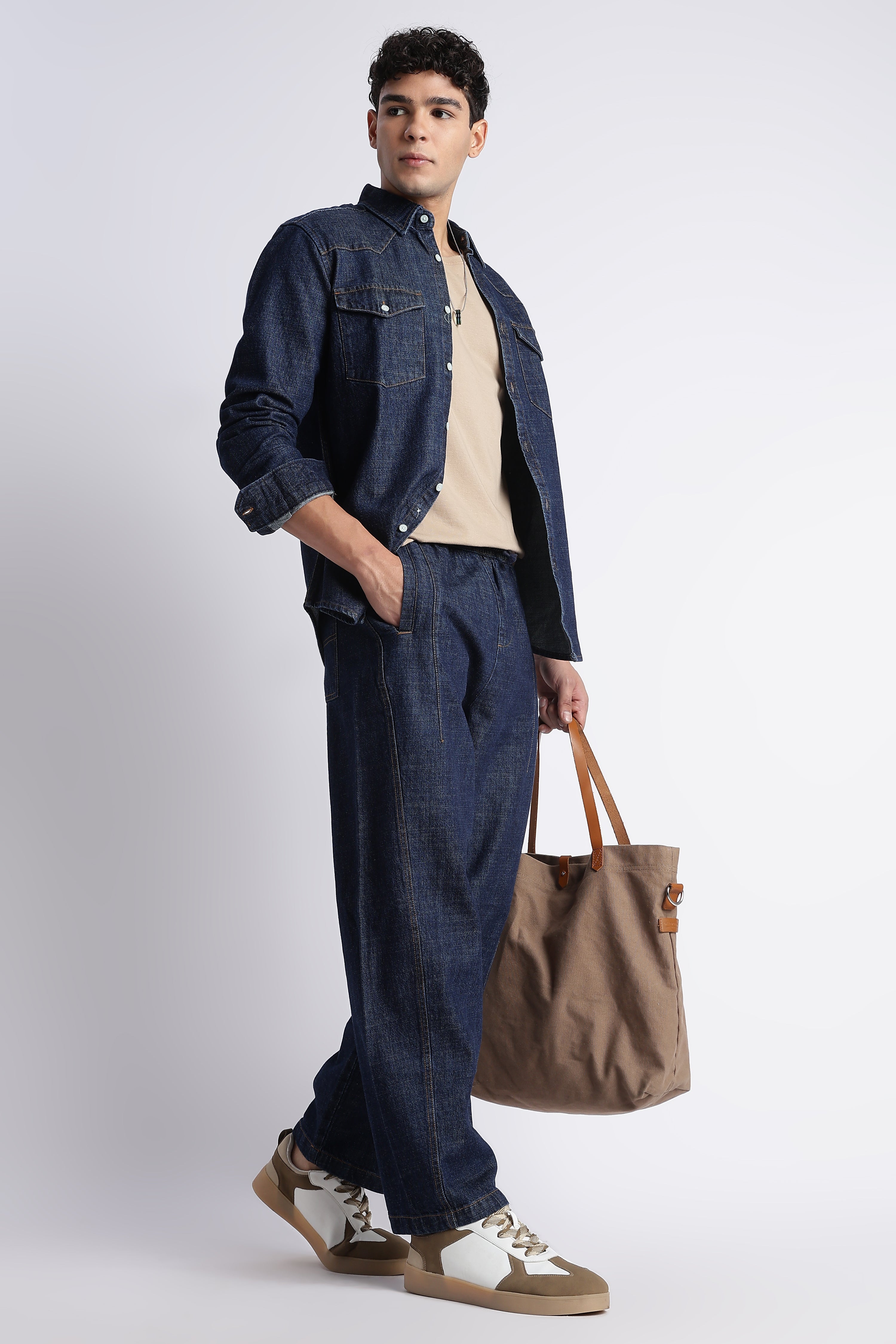 Men Indigo Wide-Leg Denim Pant