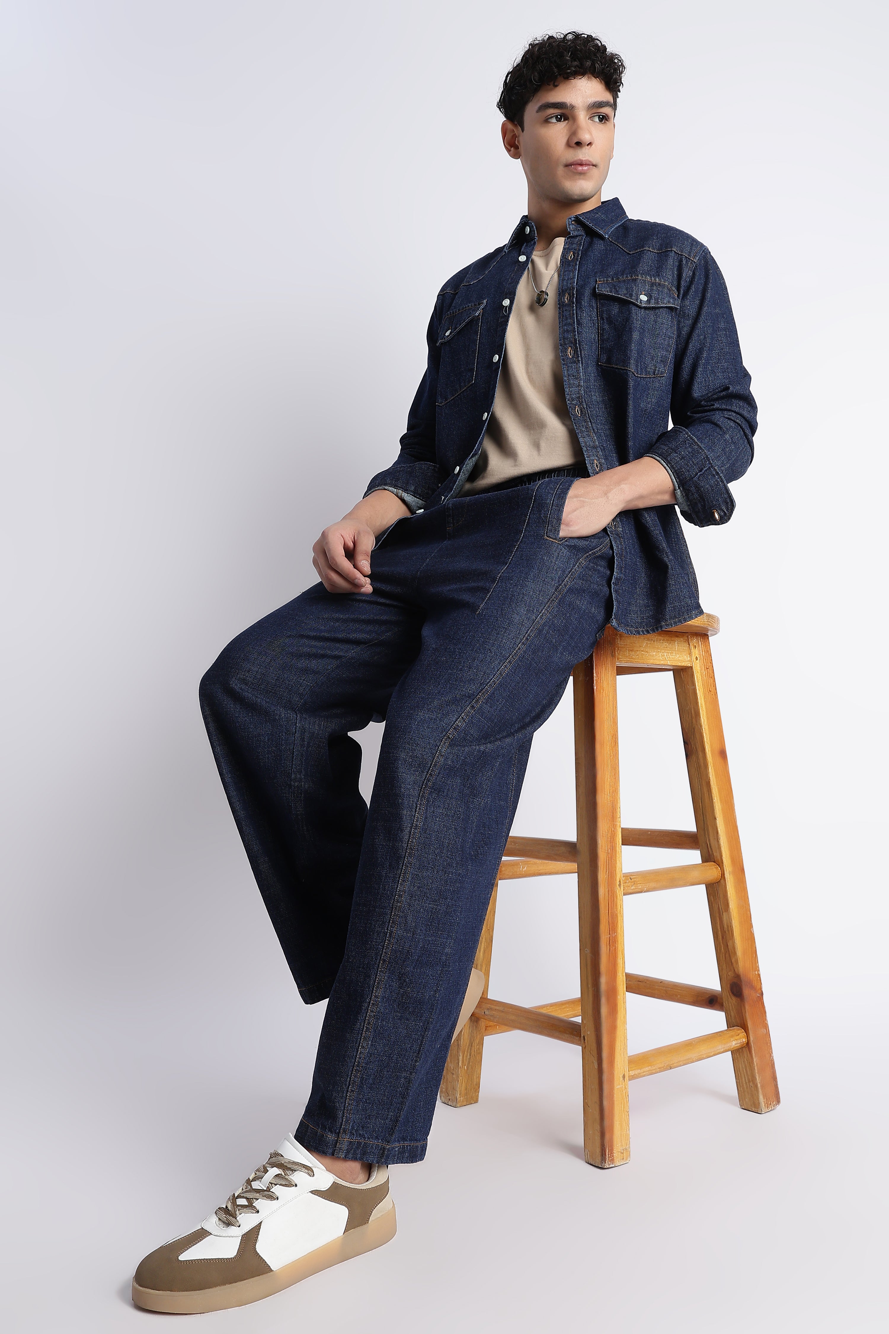 Men Indigo Wide-Leg Denim Pant