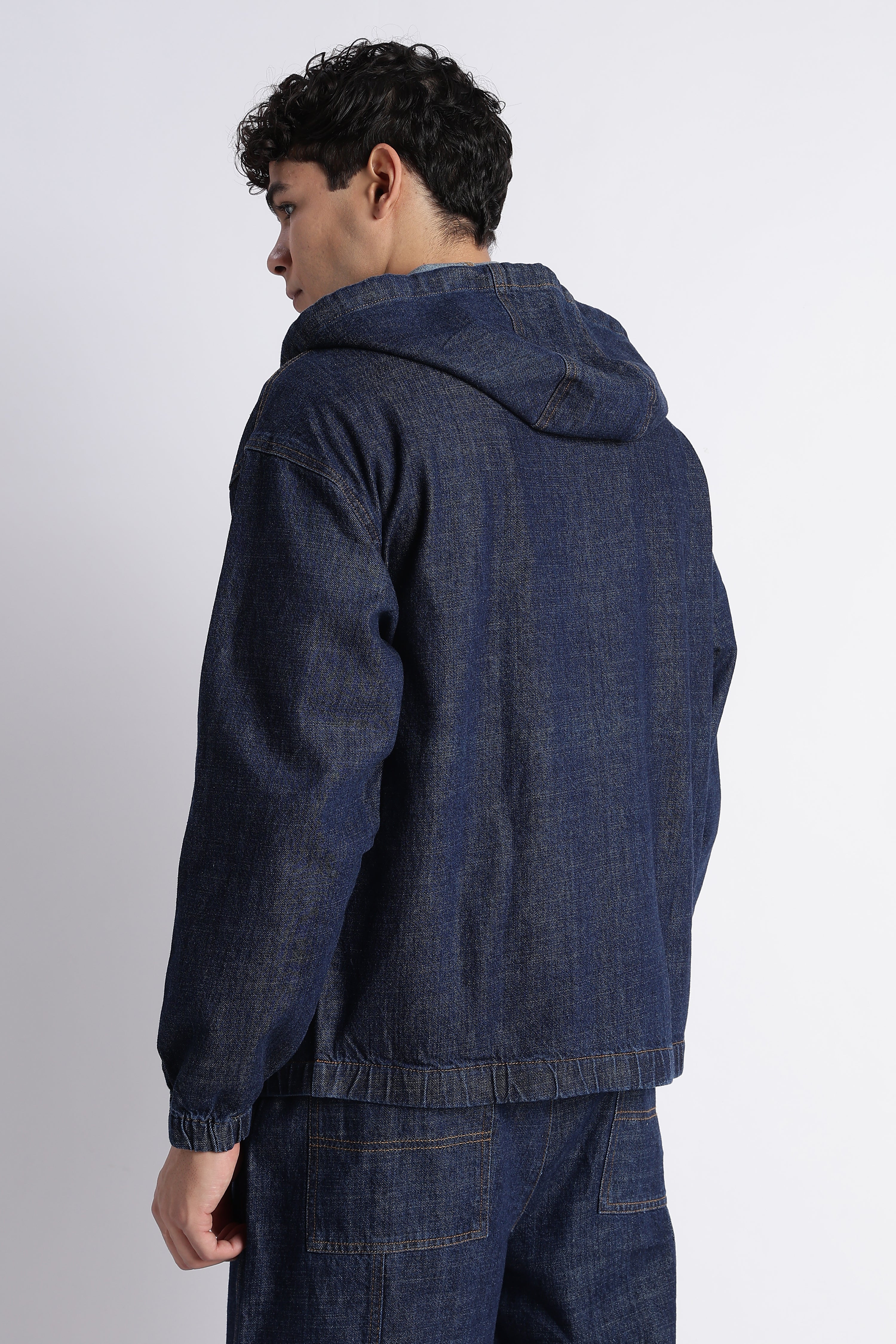 Men Indigo Denim Zip-Up Hoodie Jacket