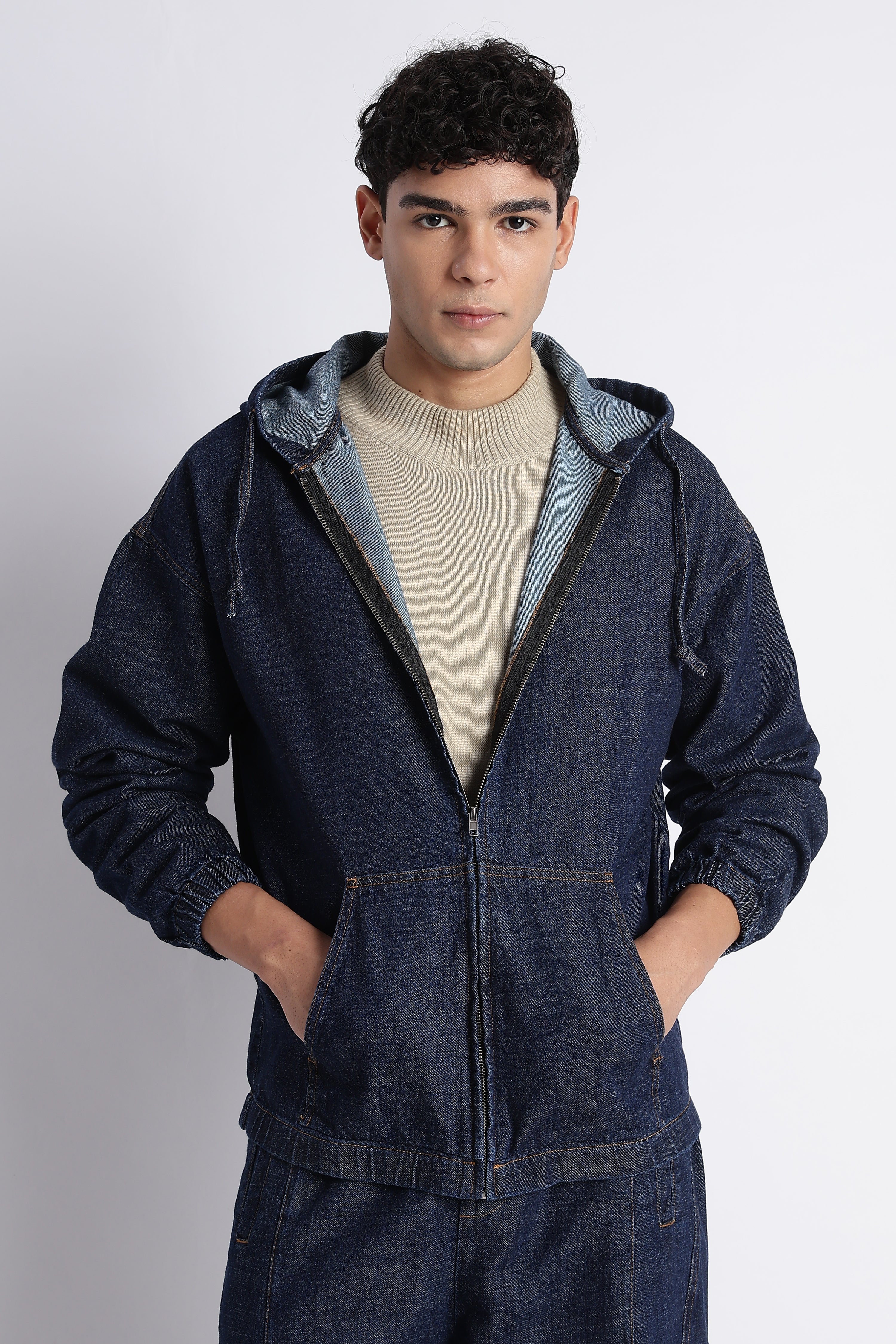 Men Indigo Denim Zip-Up Hoodie Jacket