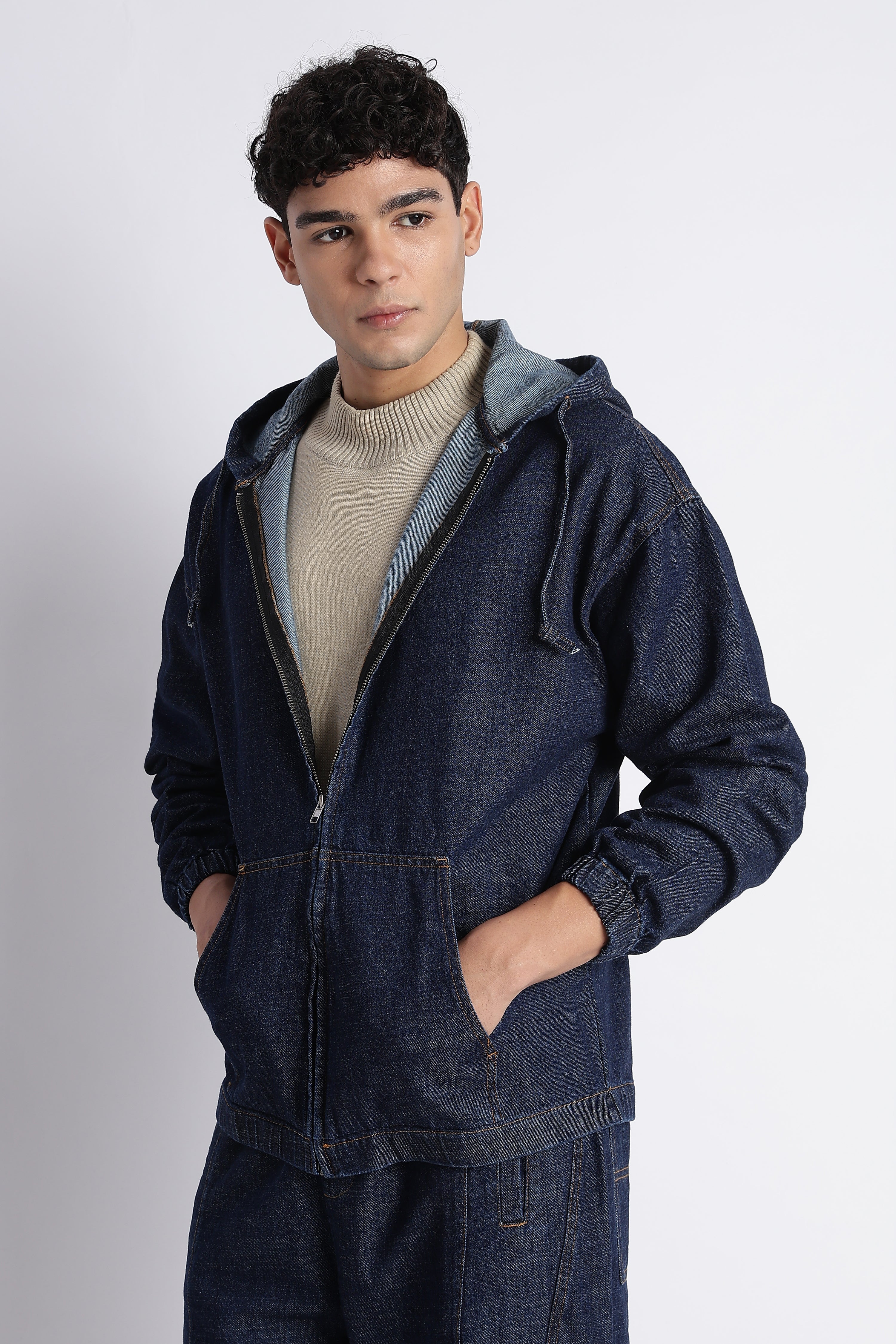 Men Indigo Denim Zip-Up Hoodie Jacket