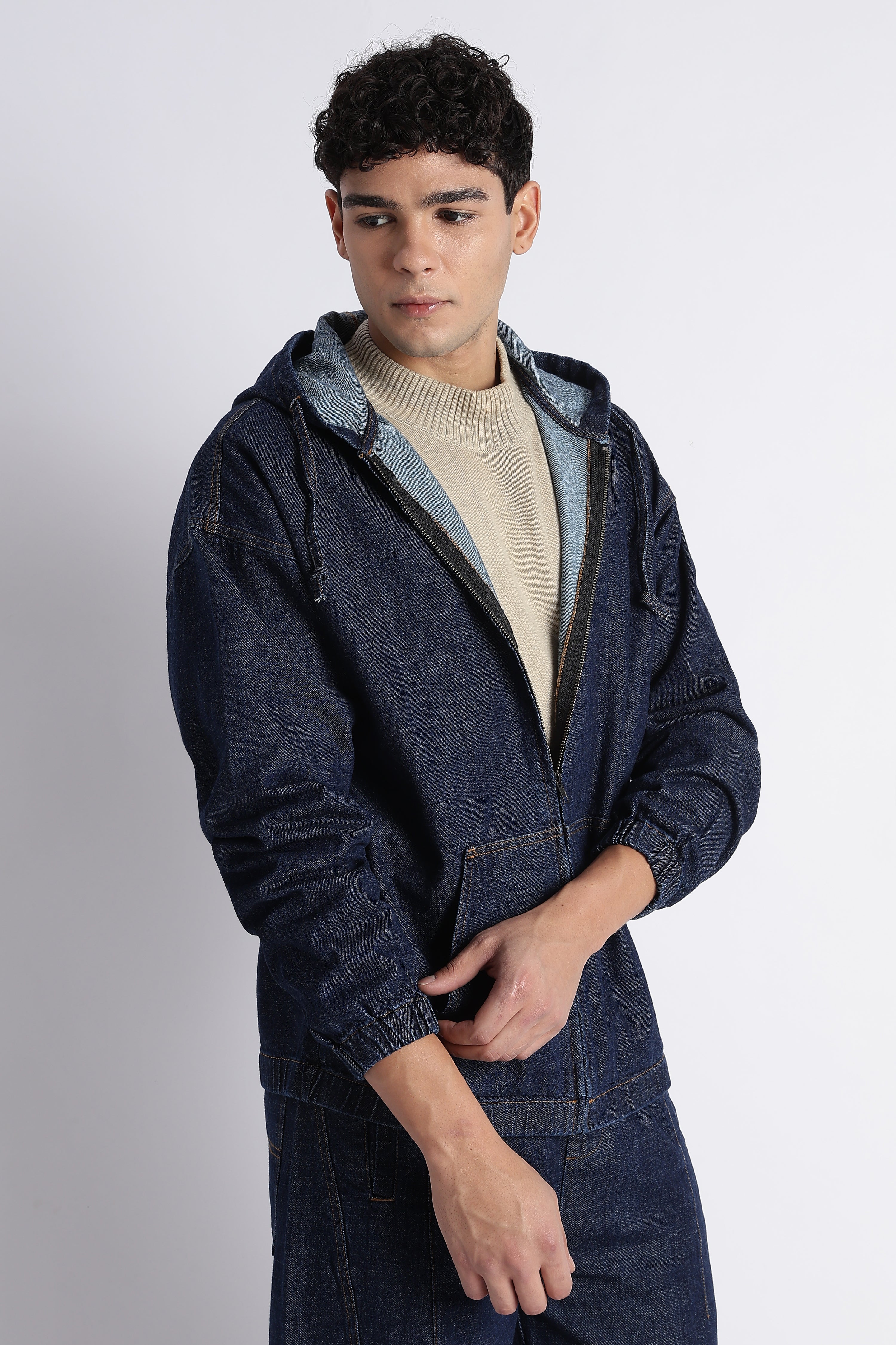 Men Indigo Denim Zip-Up Hoodie Jacket