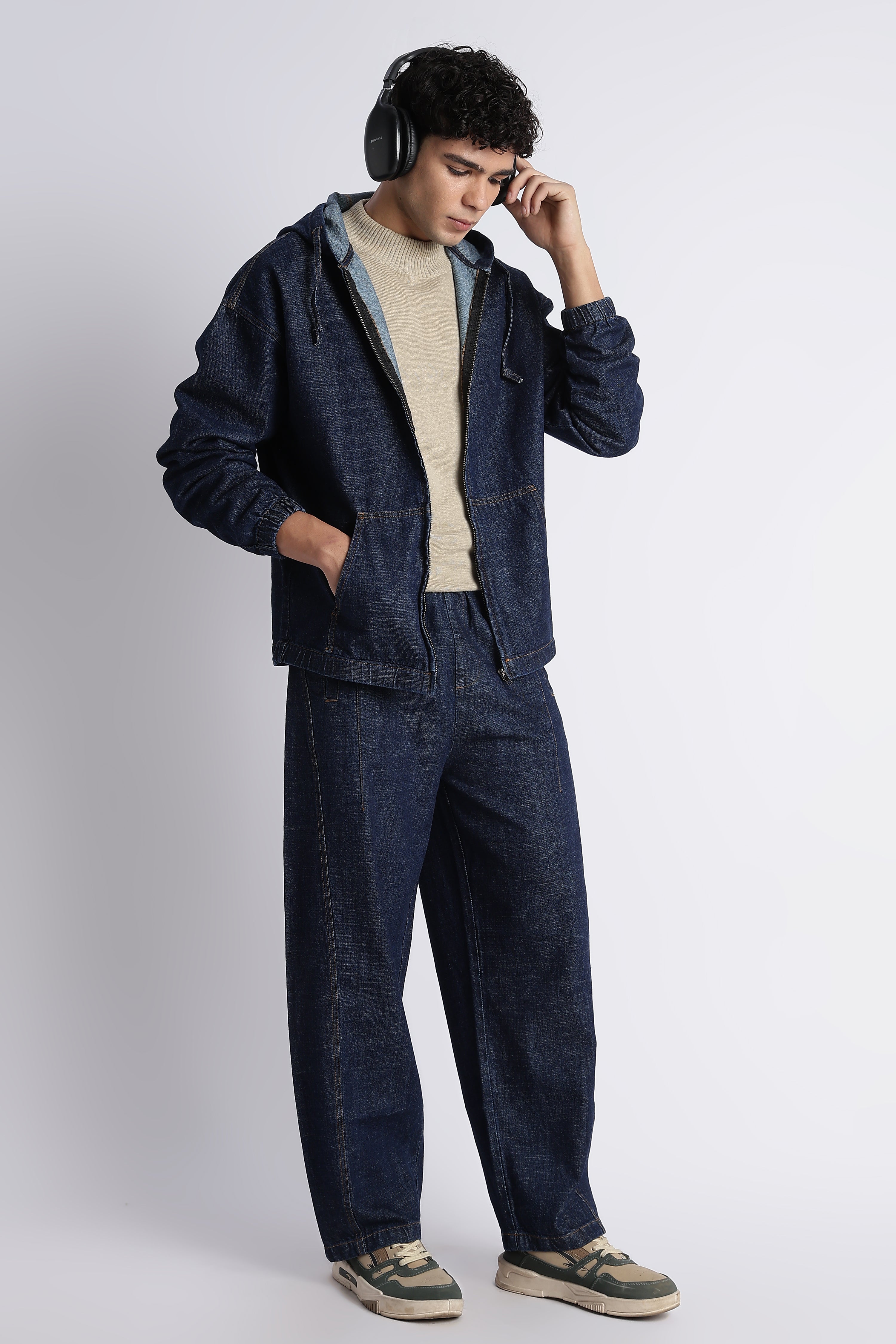 Men Indigo Denim Zip-Up Hoodie Jacket
