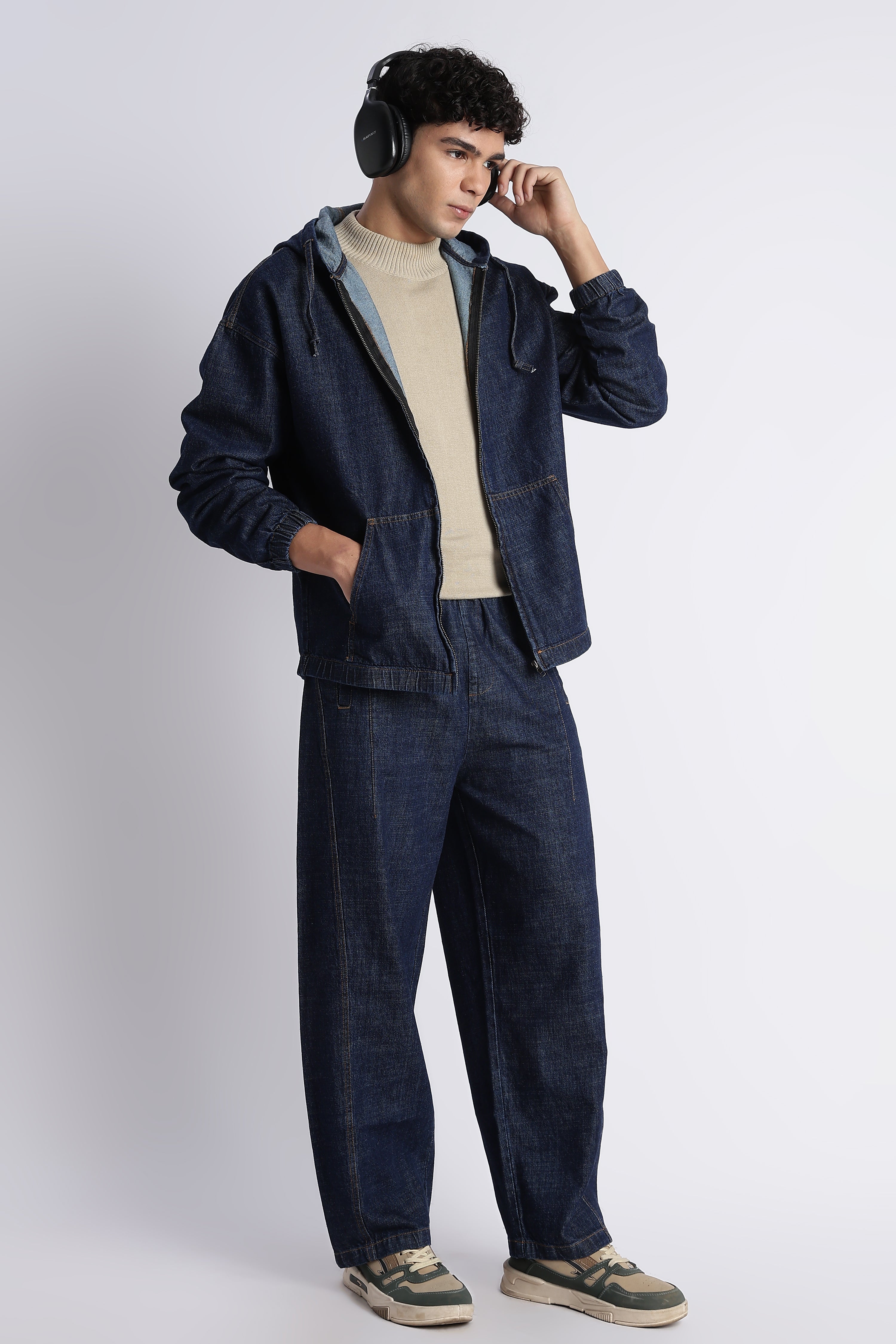 Men Indigo Denim Zip-Up Hoodie Jacket