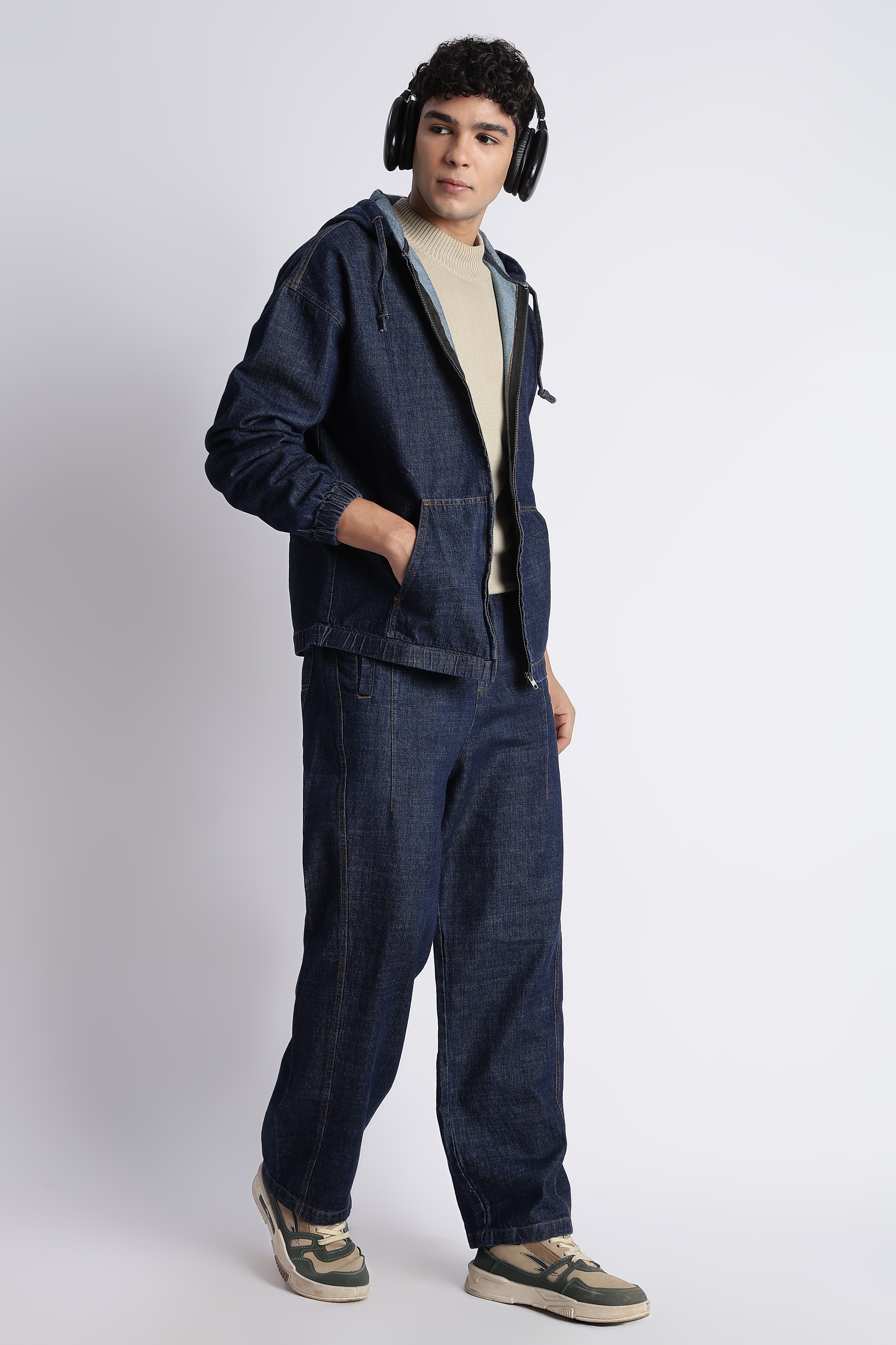 Men Indigo Denim Zip-Up Hoodie Jacket