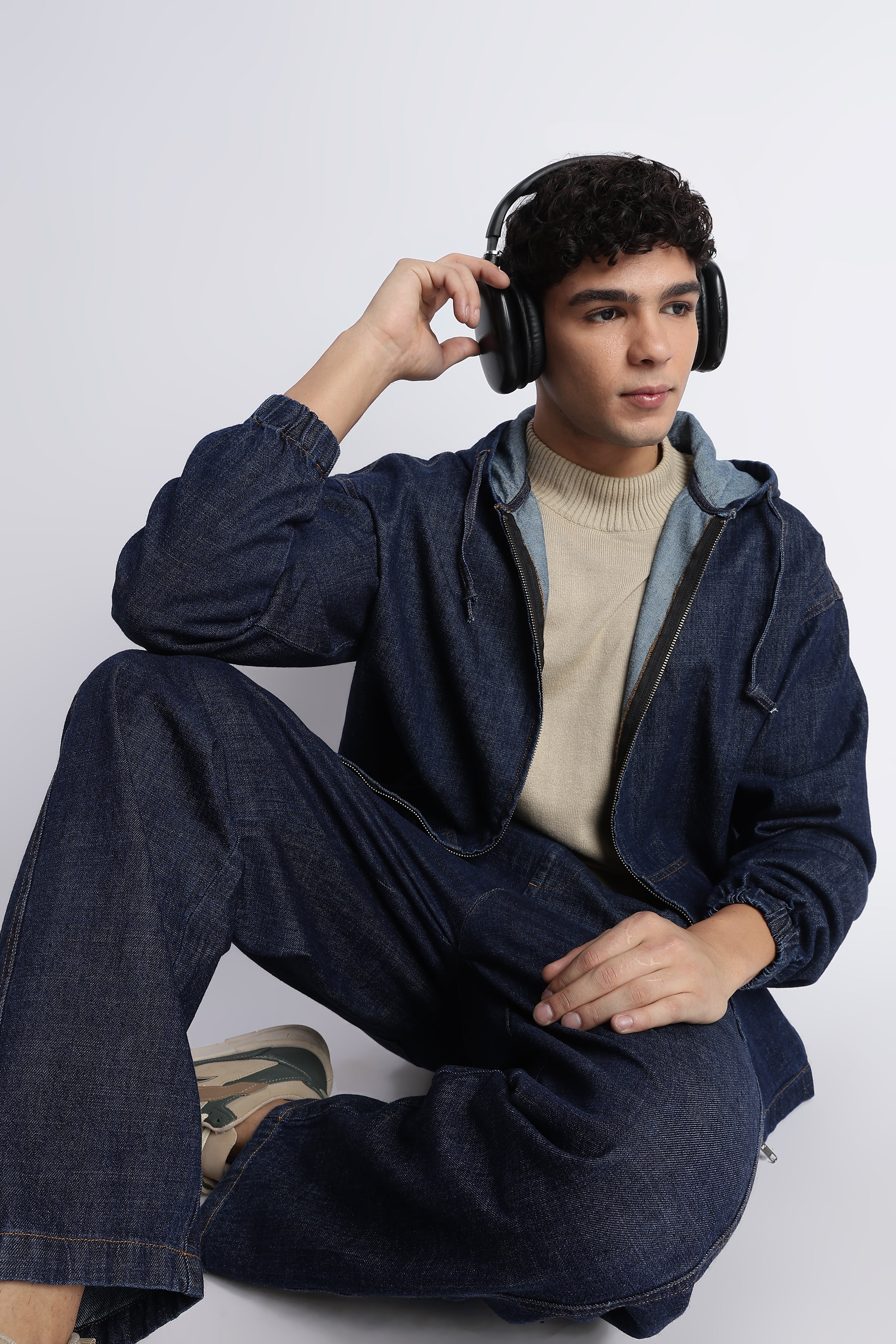 Men Indigo Denim Zip-Up Hoodie Jacket
