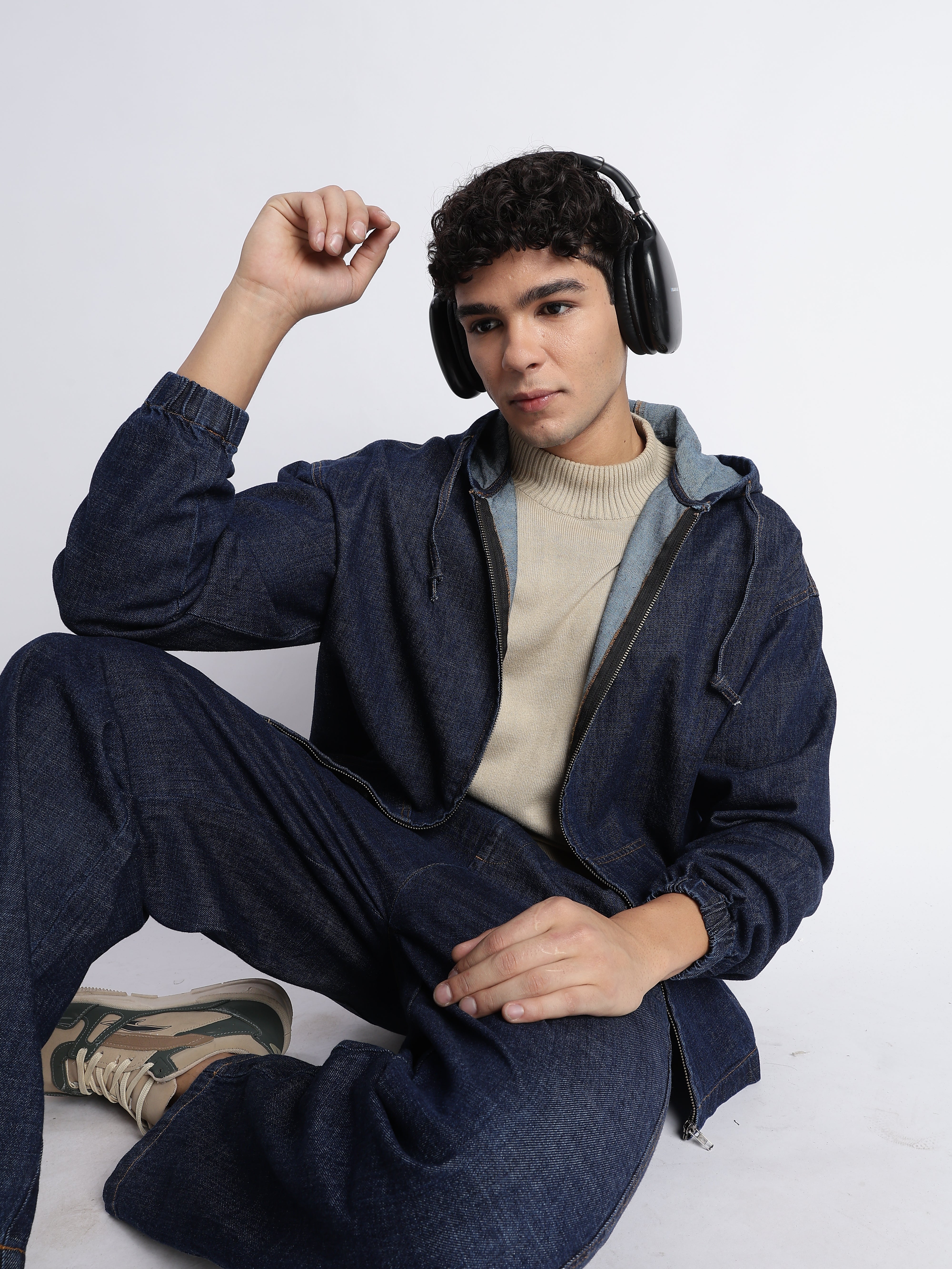 Men Indigo Denim Zip-Up Hoodie Jacket