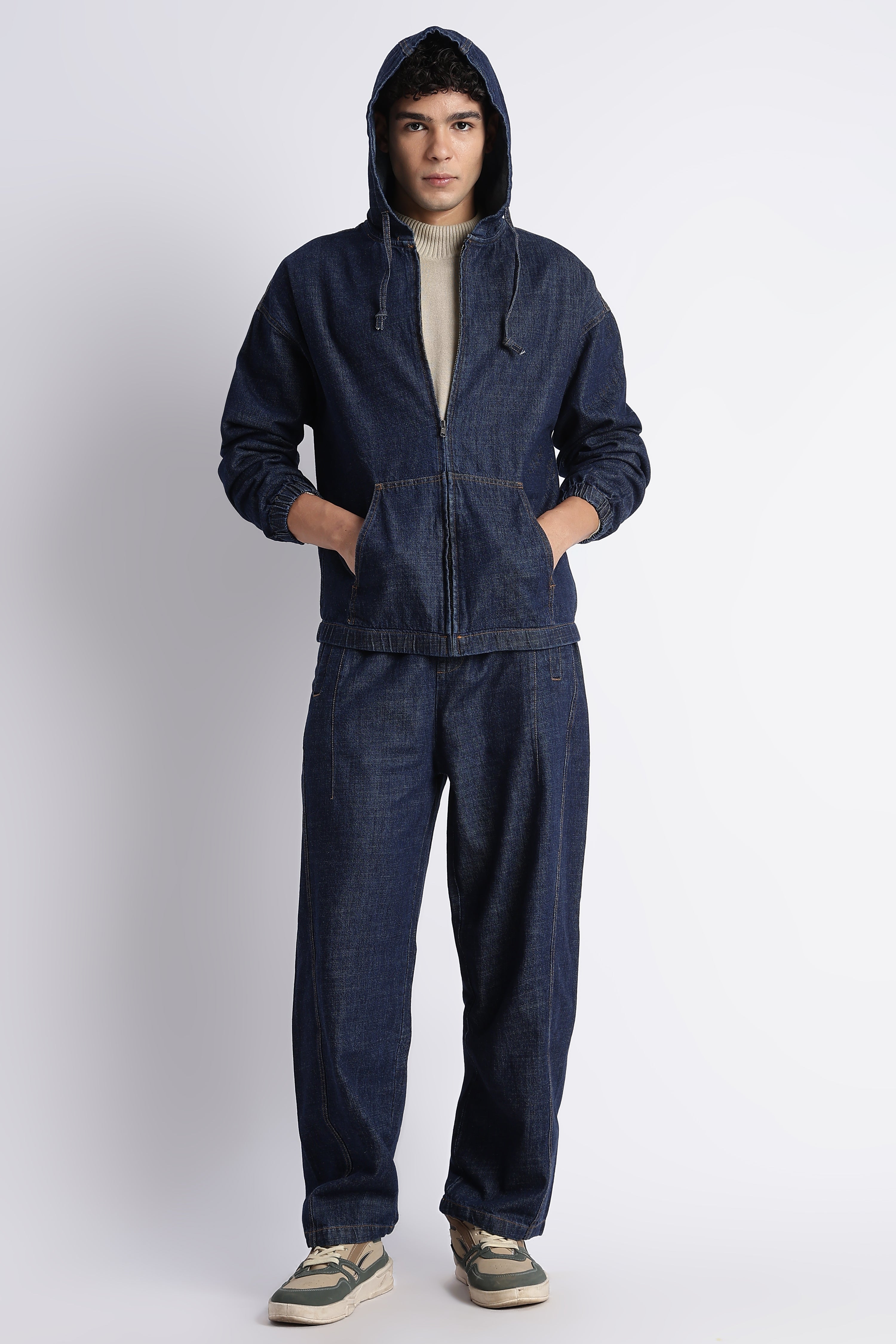 Men Indigo Denim Zip-Up Hoodie Jacket