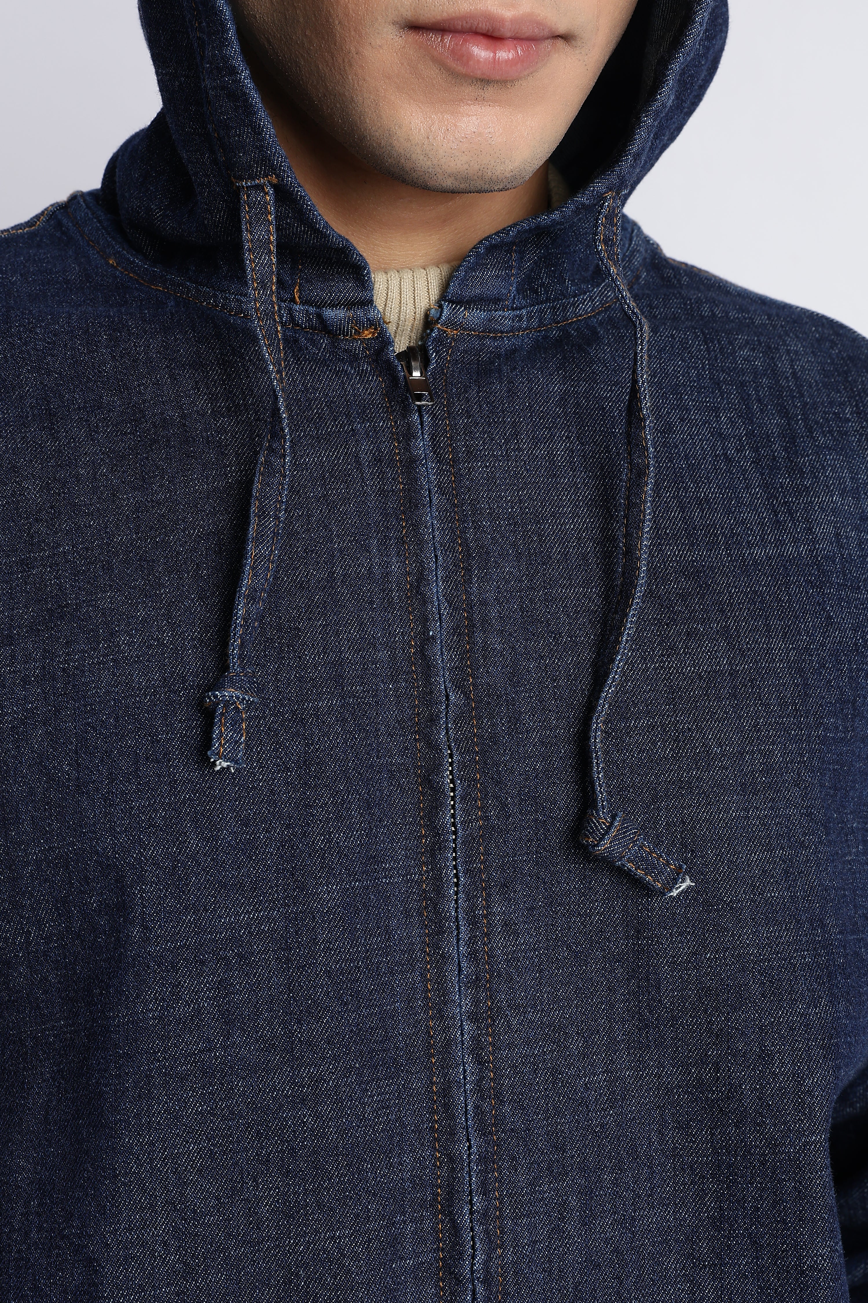 Men Indigo Denim Zip-Up Hoodie Jacket