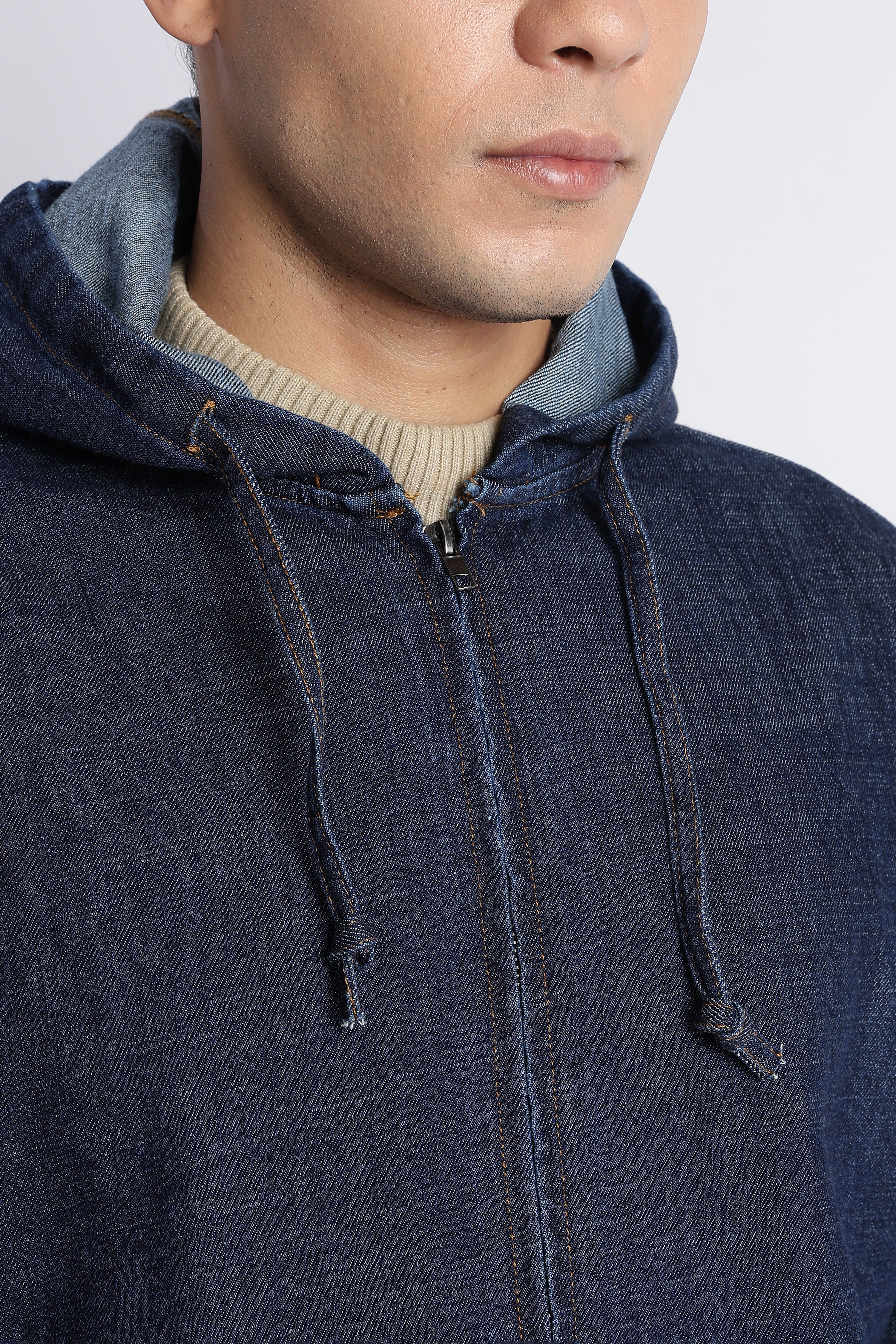 Men Indigo Denim Zip-Up Hoodie Jacket