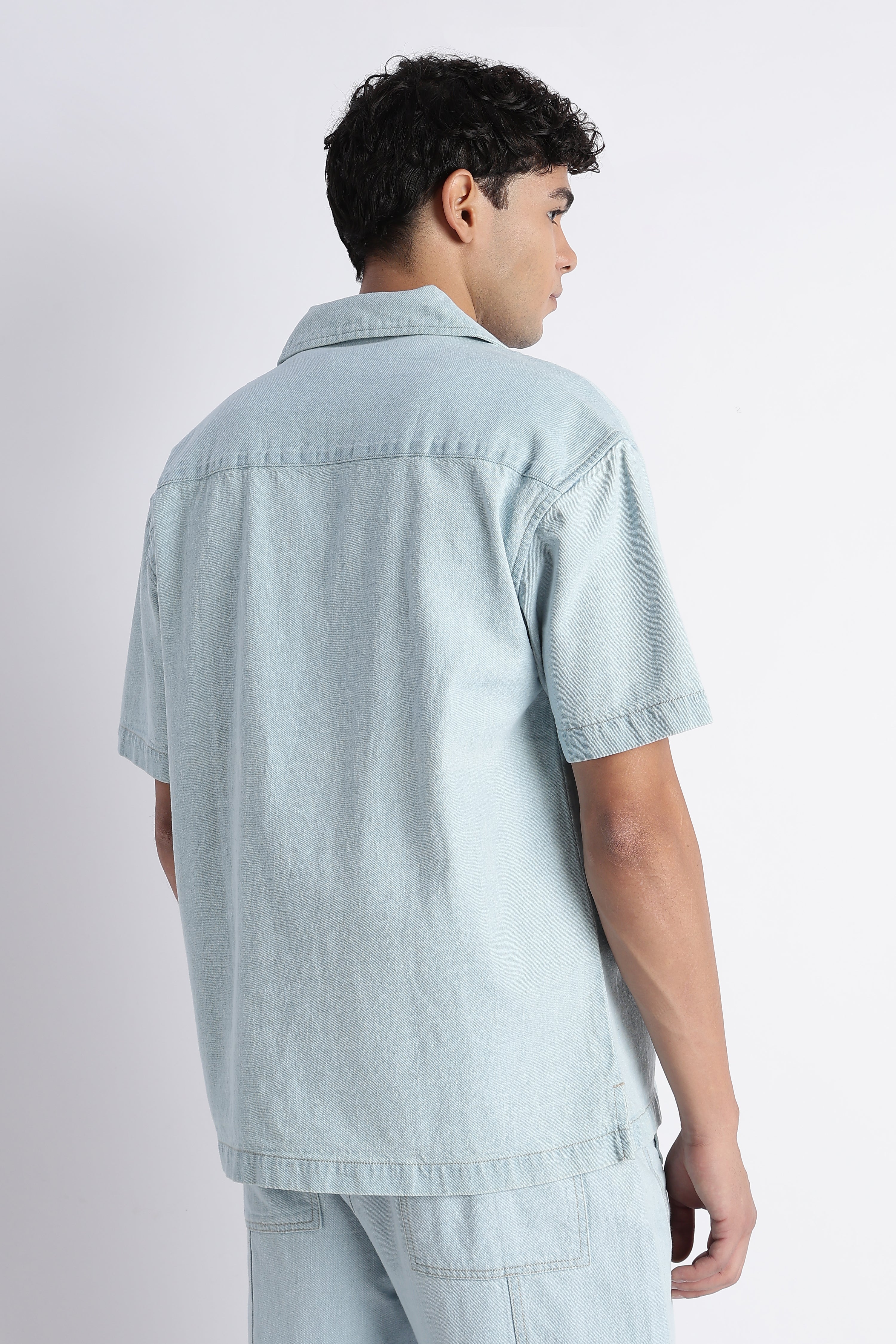 Men Ice Blue Denim Cuban Collar Shirt