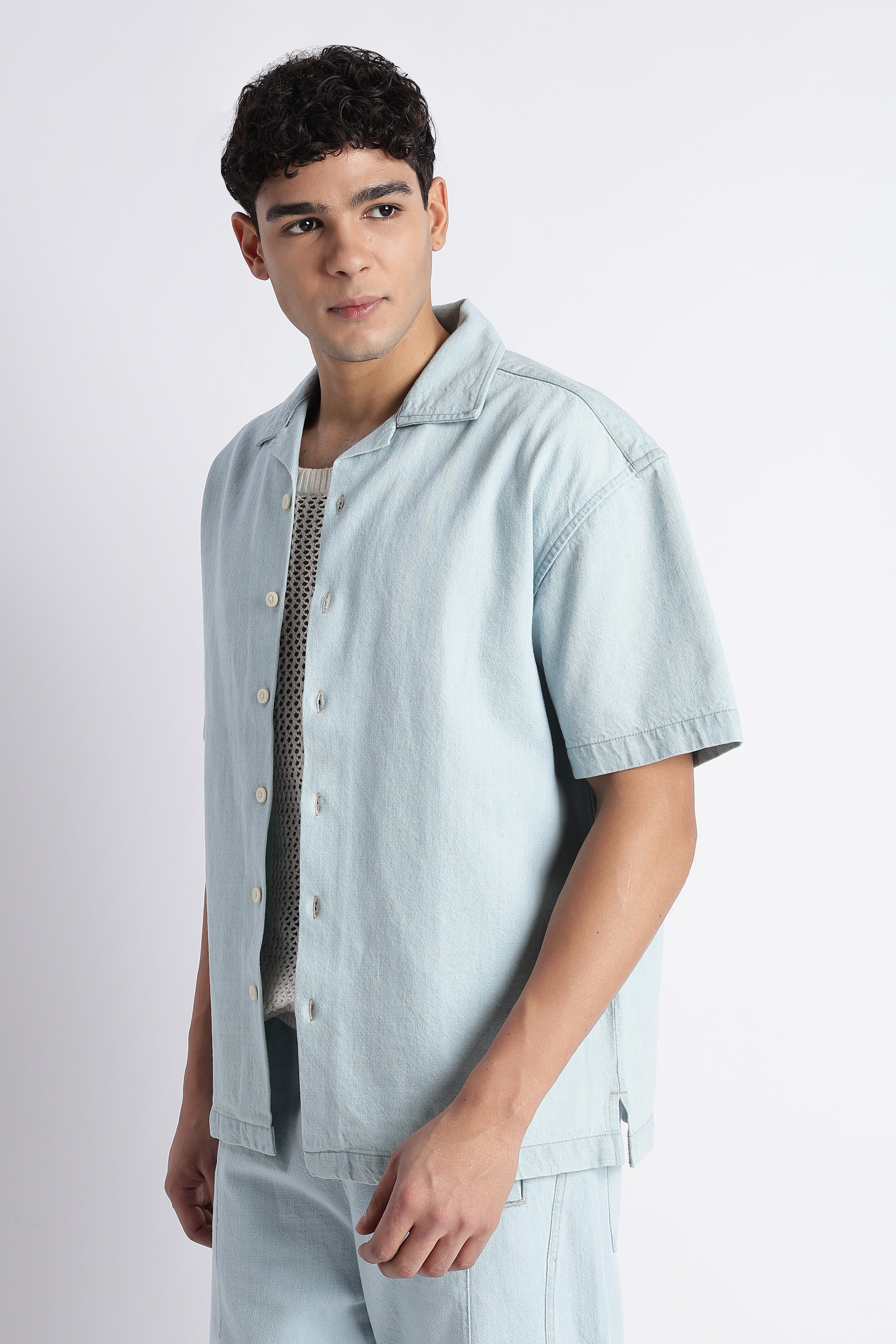 Men Ice Blue Denim Cuban Collar Shirt