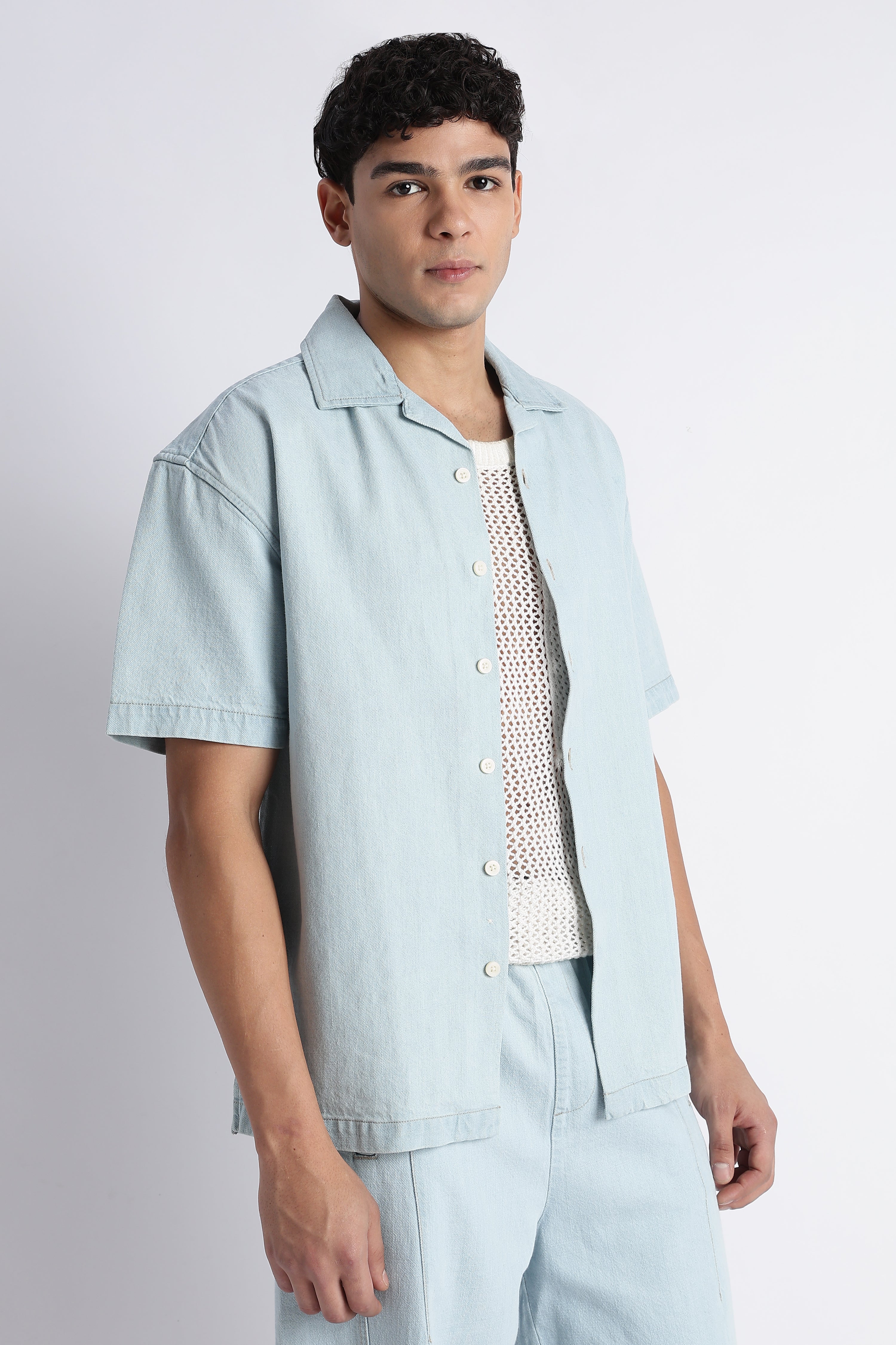 Men Ice Blue Denim Cuban Collar Shirt