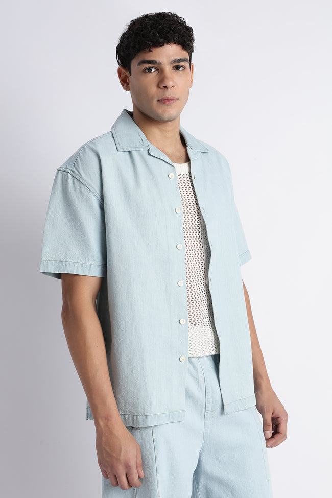 Men Ice Blue Denim Cuban Collar Shirt