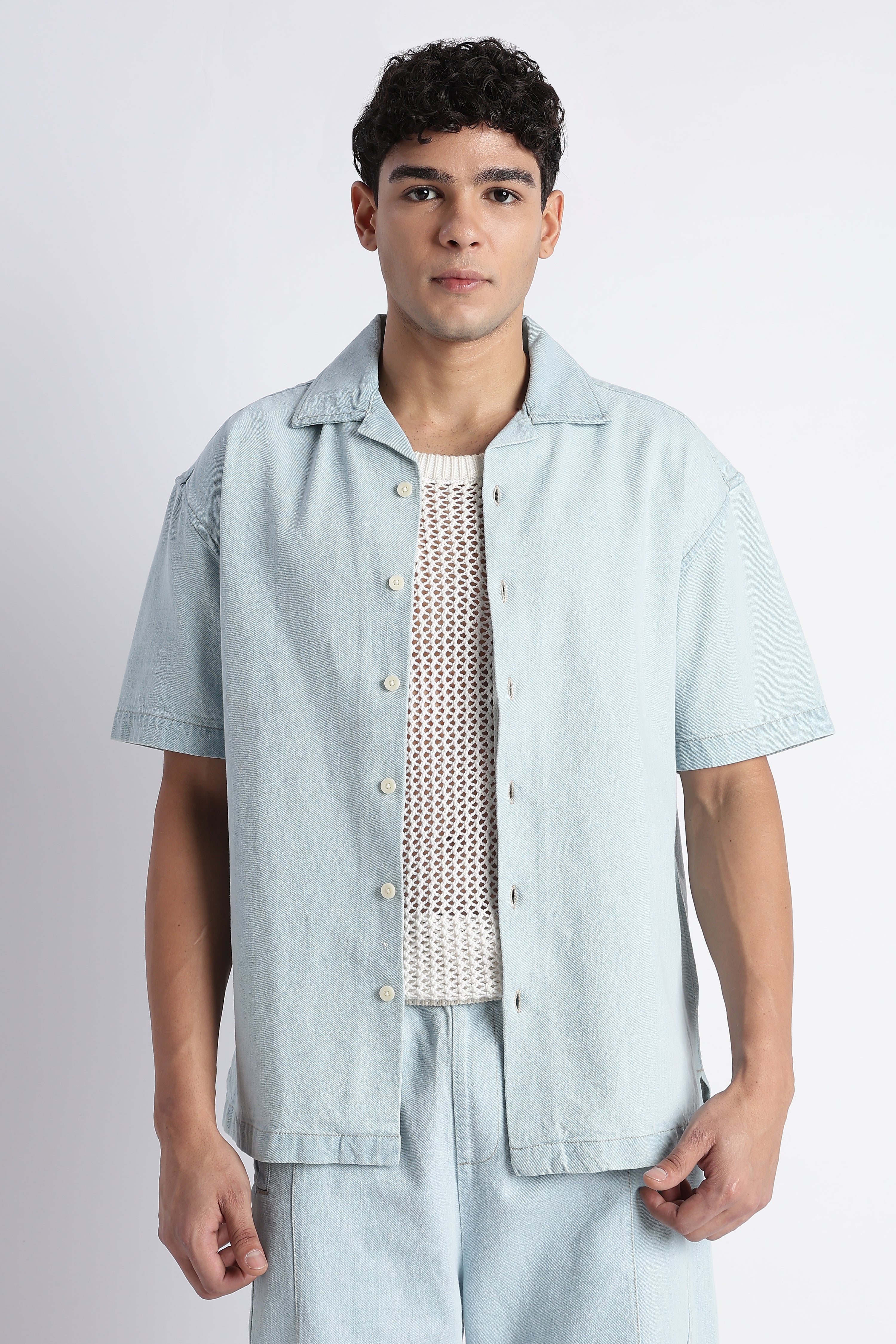 Men Ice Blue Denim Cuban Collar Shirt