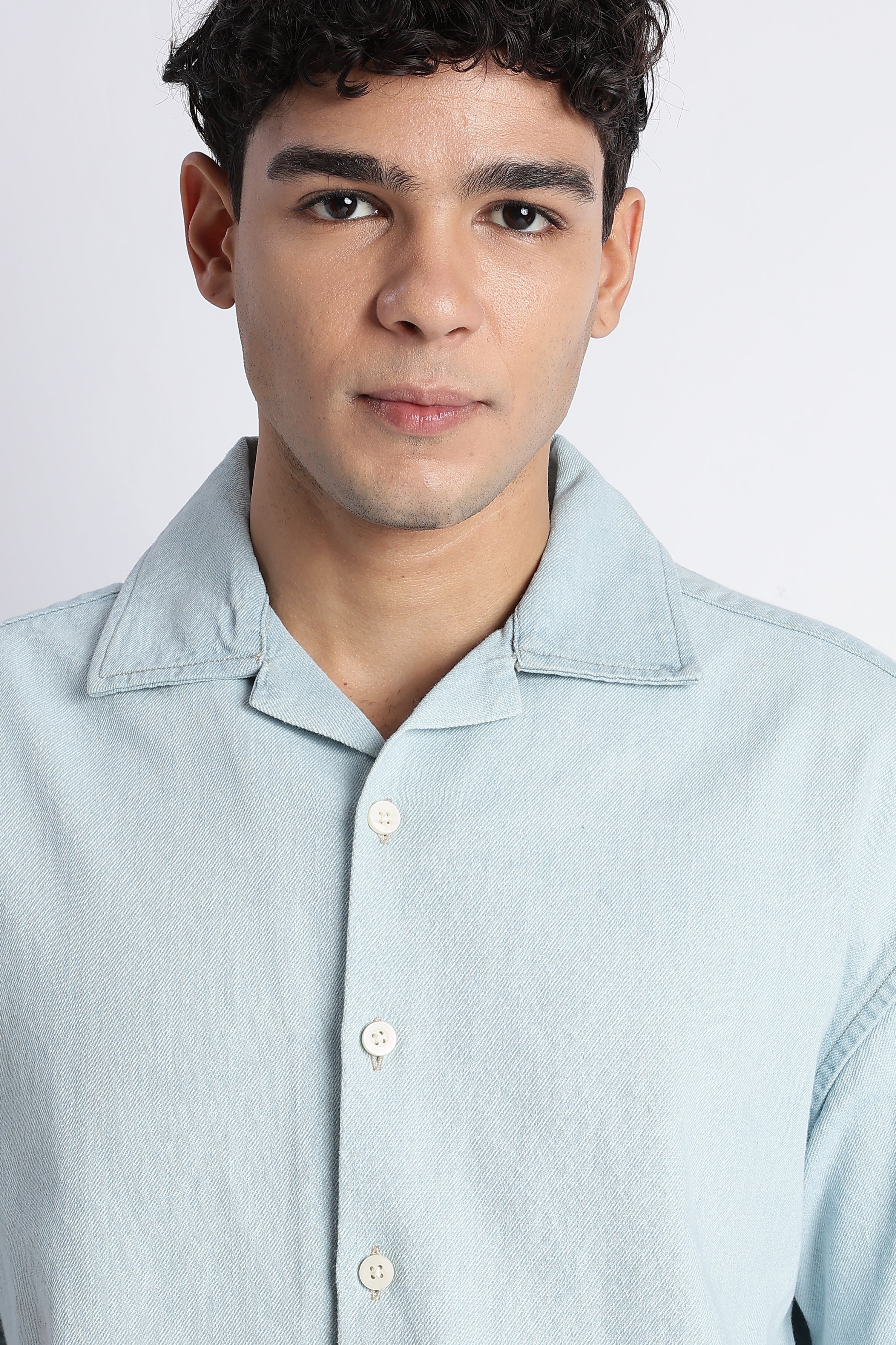 Men Ice Blue Denim Cuban Collar Shirt
