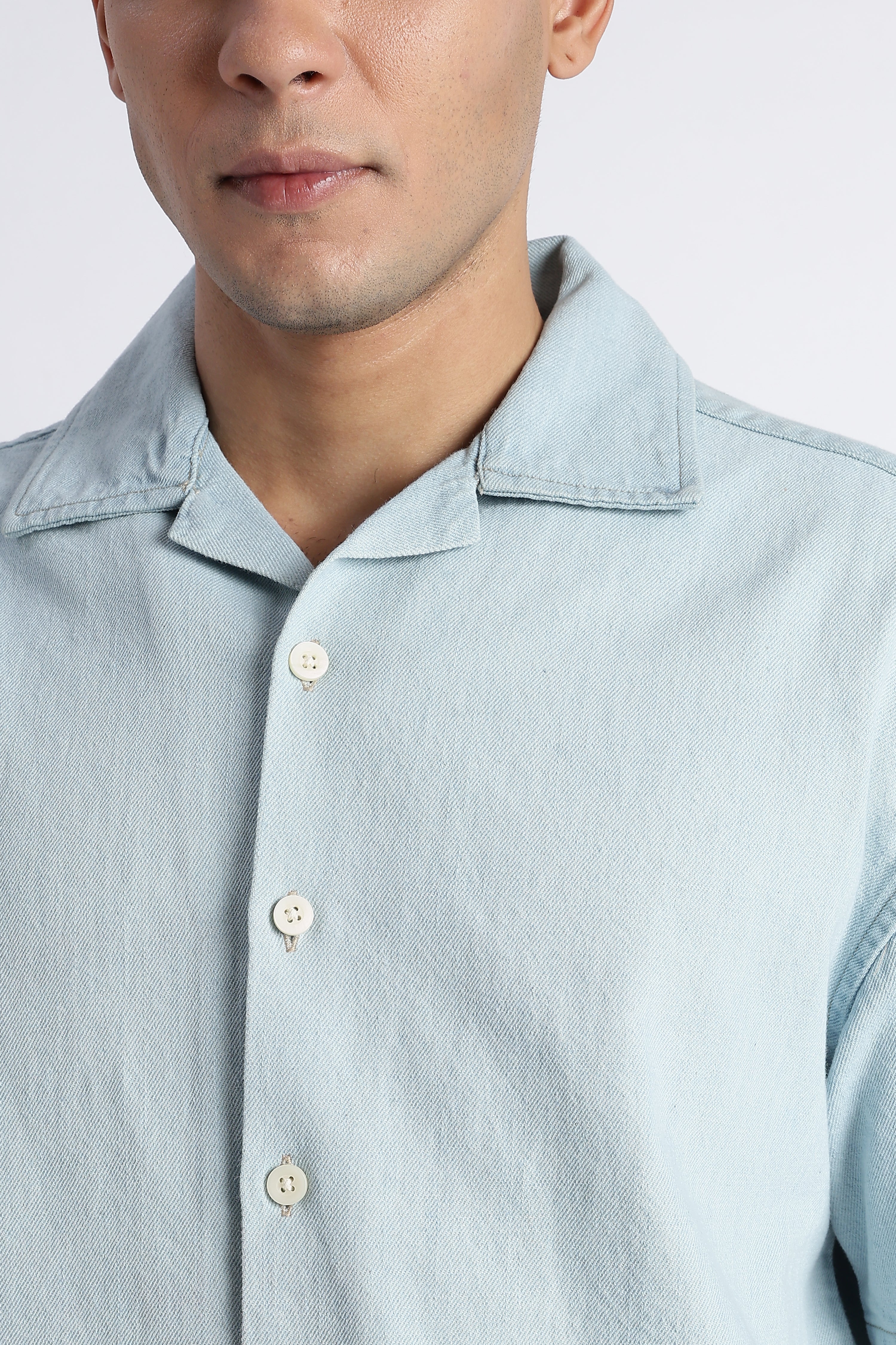 Men Ice Blue Denim Cuban Collar Shirt