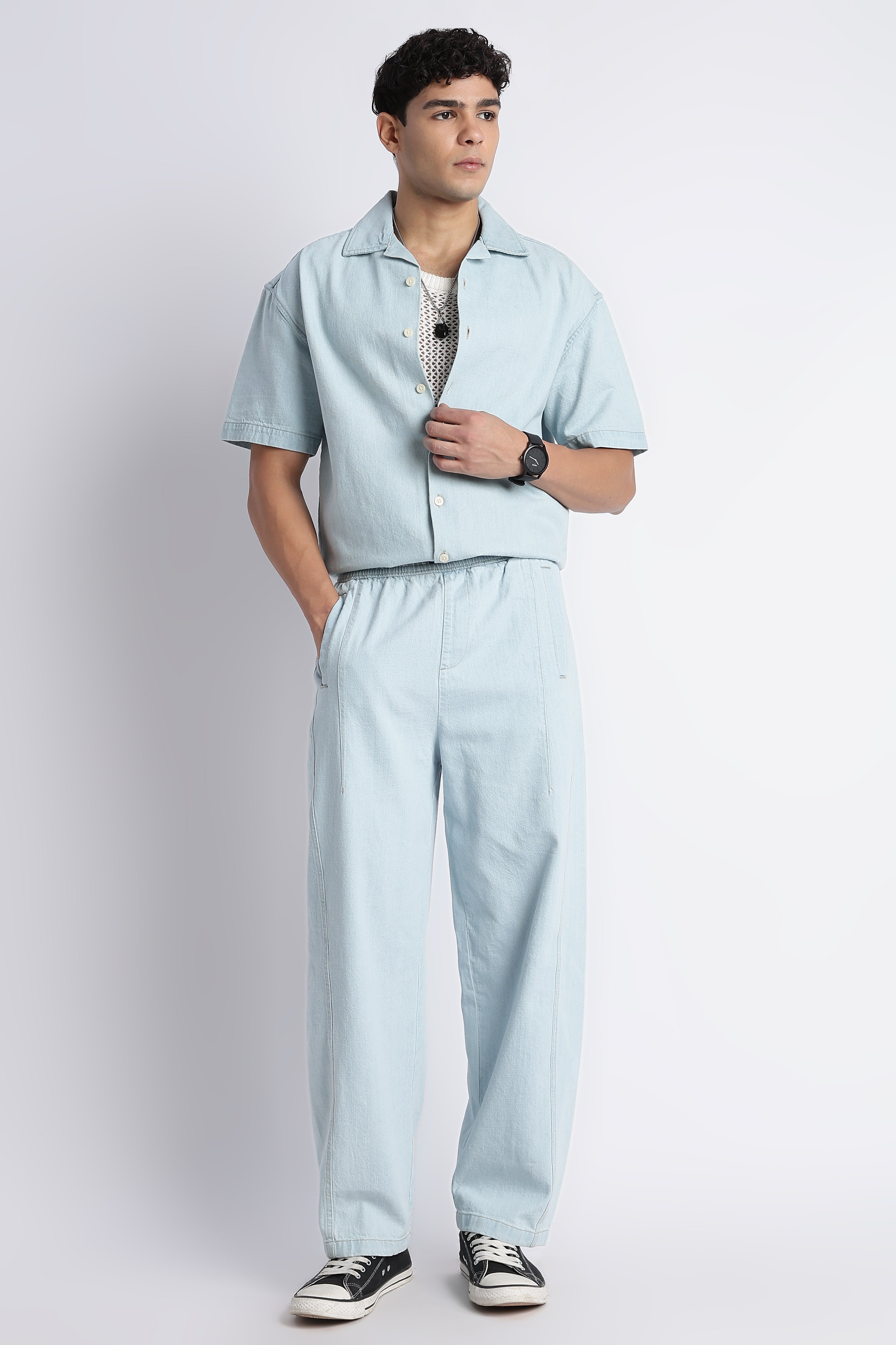 Men Ice Blue Denim Cuban Collar Shirt