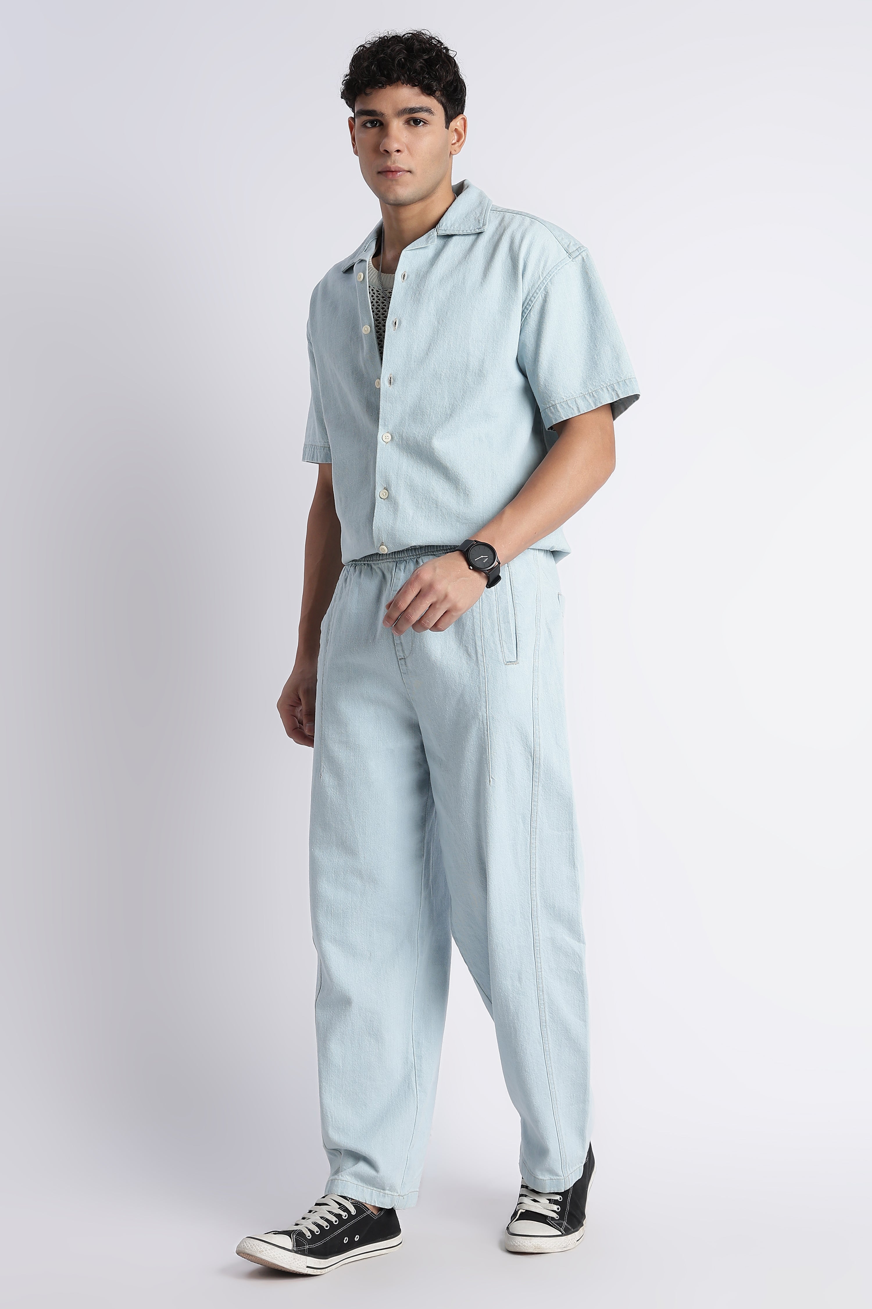 Men Ice Blue Denim Cuban Collar Shirt