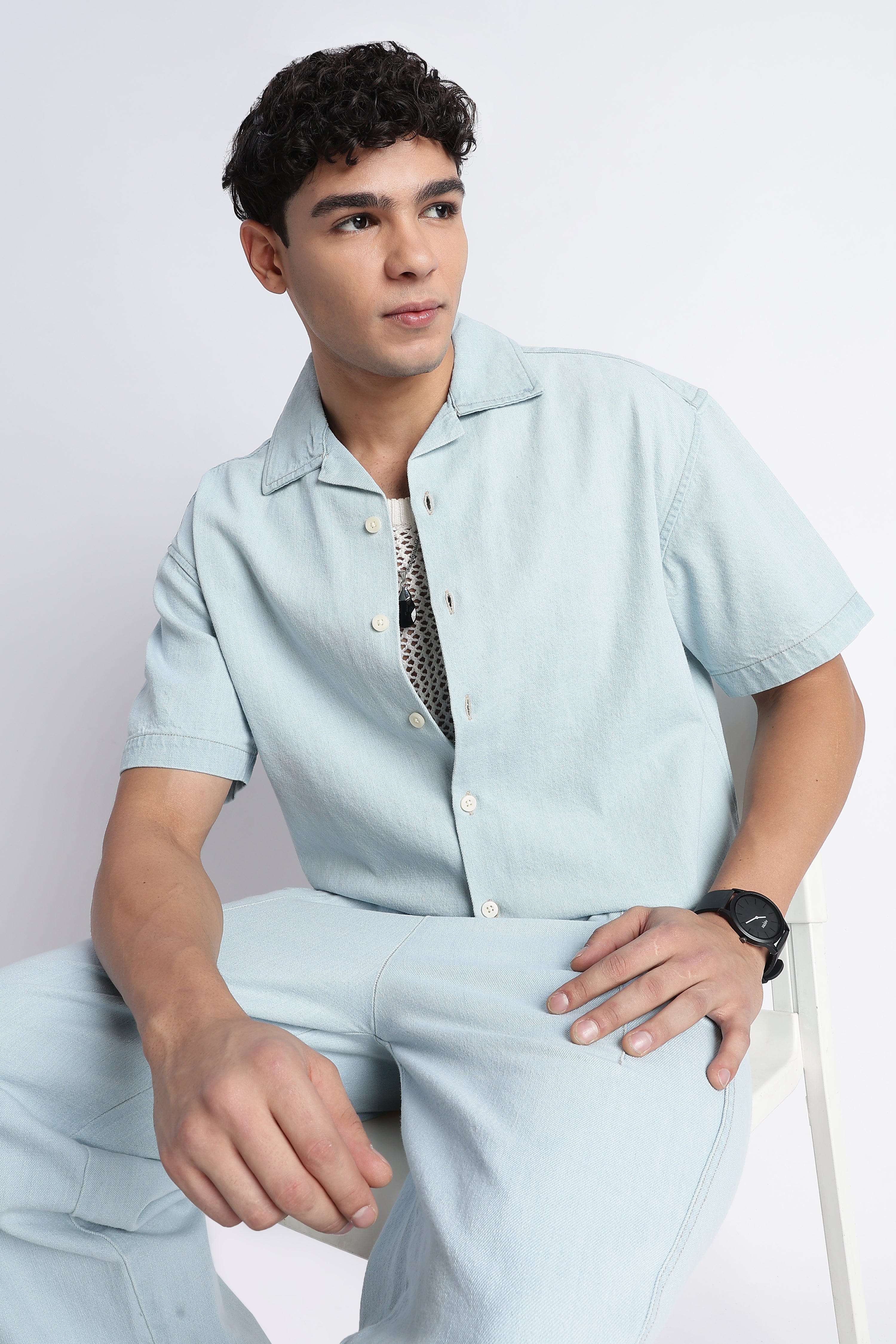 Men Ice Blue Denim Cuban Collar Shirt